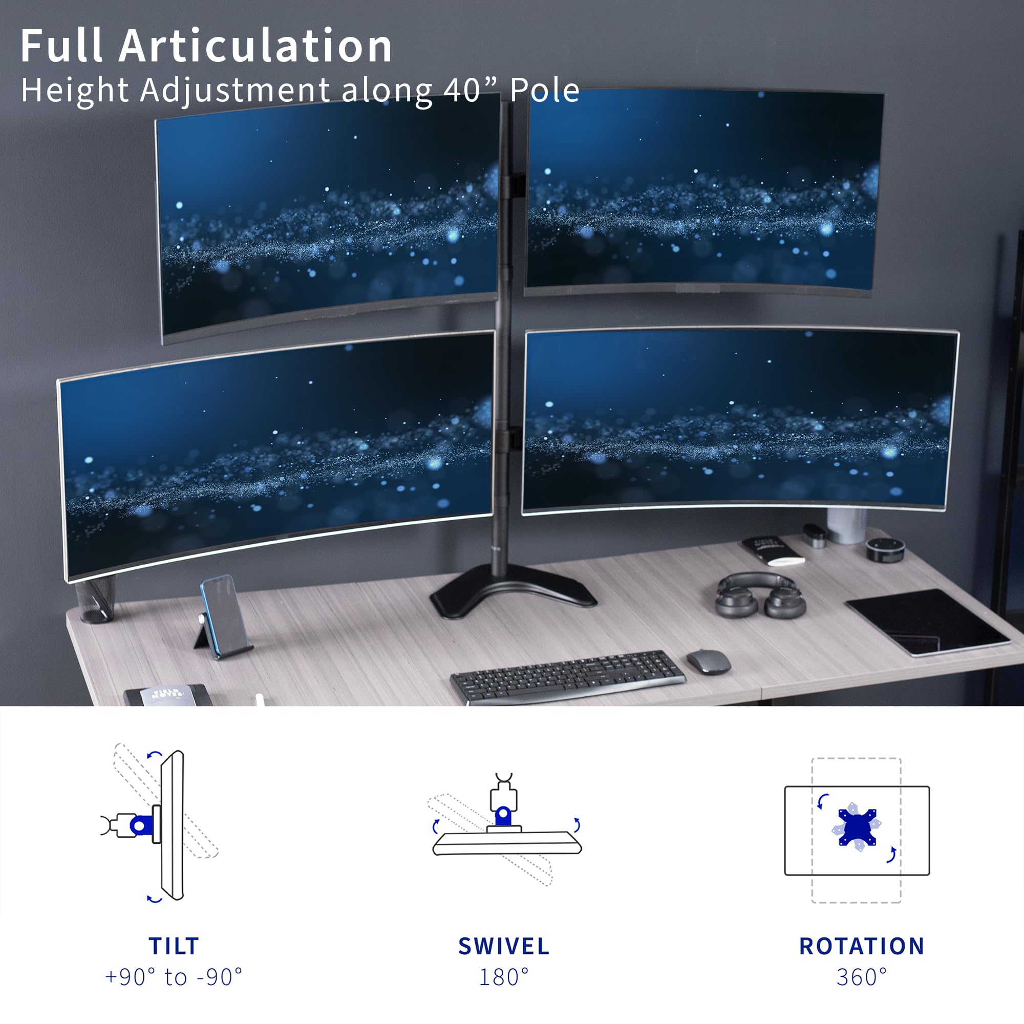 VIVO STAND-TS38B-4 - Soporte de escritorio para monitor LCD ultra ancho de 27 a 38 pulgadas, base independiente, poste extra alto, brazos telescópicos ajustables, configuración de pared empotrada, se
