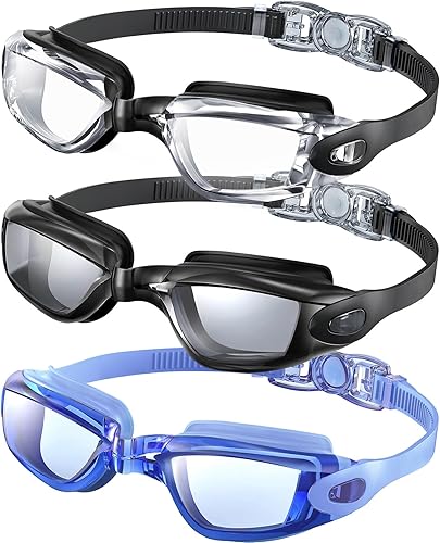 Paquete de 3 gafas de natación sin fugas, antiniebla, UV, para adultos, hombres, mujeres y jóvenes