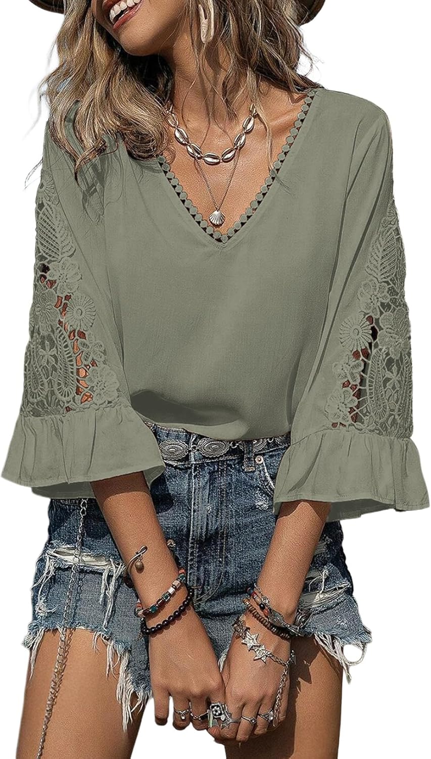 SHEWIN Womens Blouses V Neck T Shirts Pullover 3/4 Length Sleeve Tops Business Casual Spring Outfits for Women 2026