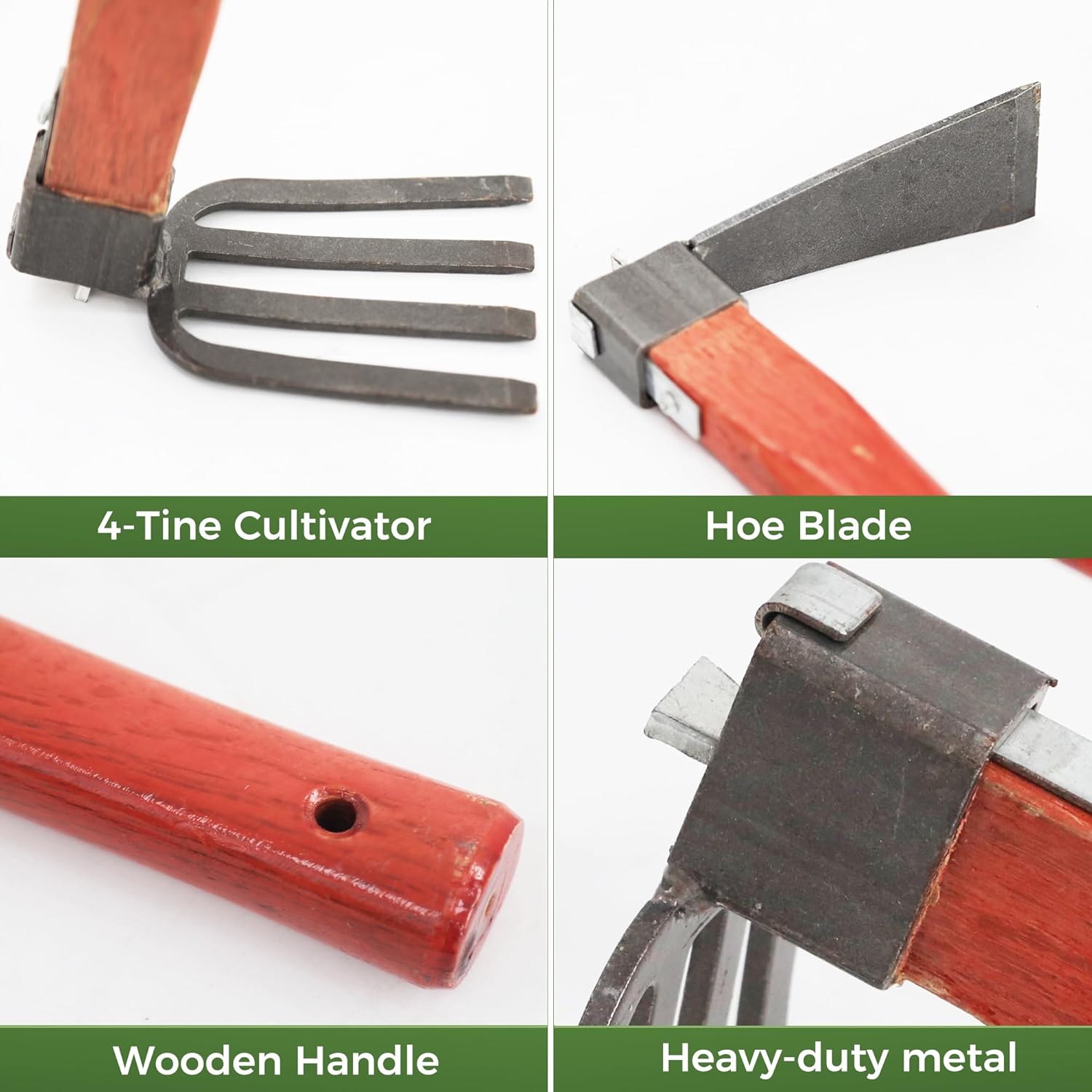 Heavy Duty Garden Tool Set, 2-Piece Hand Cultivator Kit with Carbon Steel Hoe & Rake, 15.2inch Wooden Handle Gardening Hand Tools for Digging, Weeding, Loosening Soil