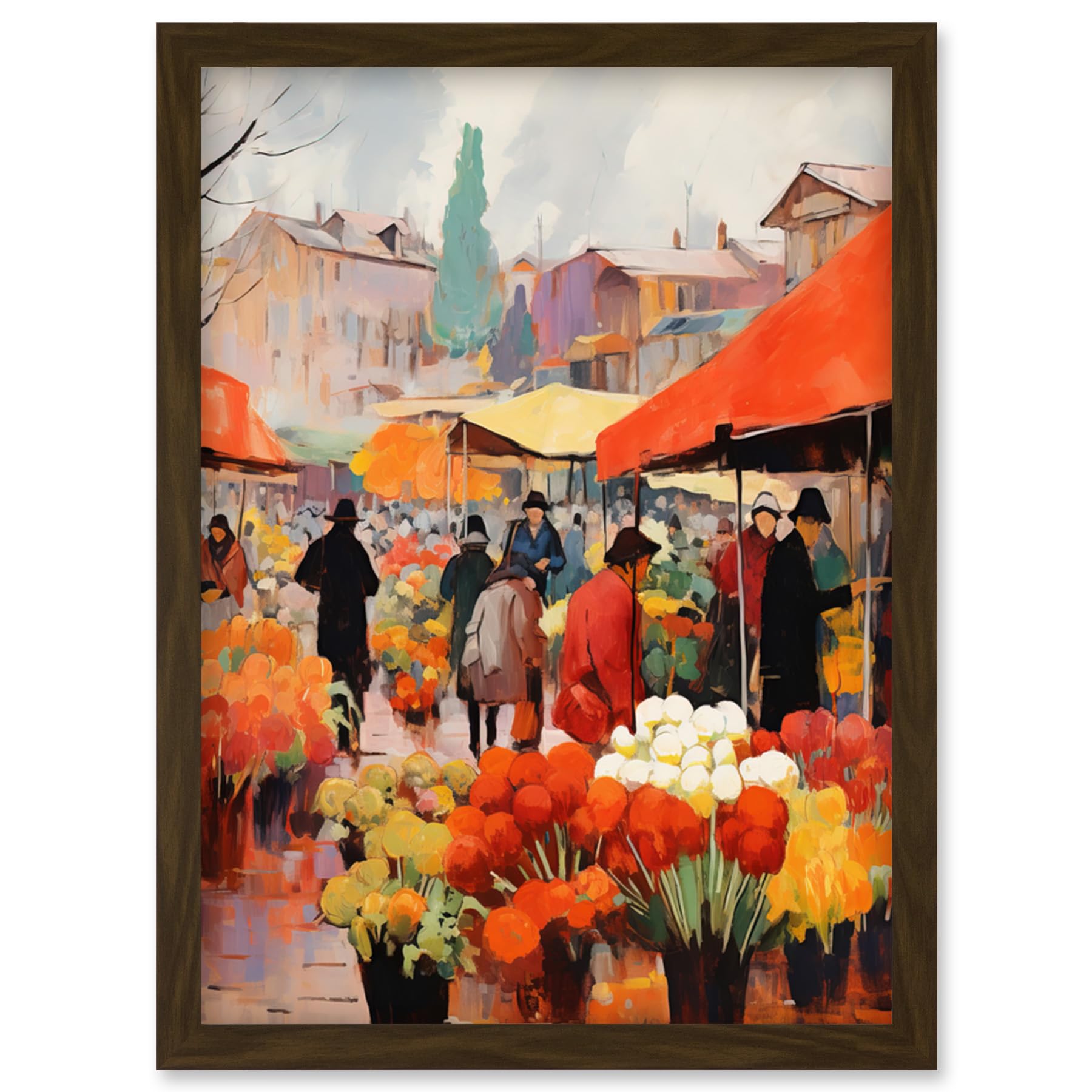 Artery8 Busy Flower Market Warm Amber Orange Yellow Oil Painting Artwork Framed Wall Art Print A4
