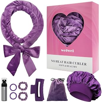 weiwei Overnight Curlers Velvet Heatless Overnight Curls Band Curls Without Heat 70 Inch Hair Rollers DIY Hair Curler Rollers Curling Band 9 Piece Curls Set with Sleep Cap for Long Hair Purple
