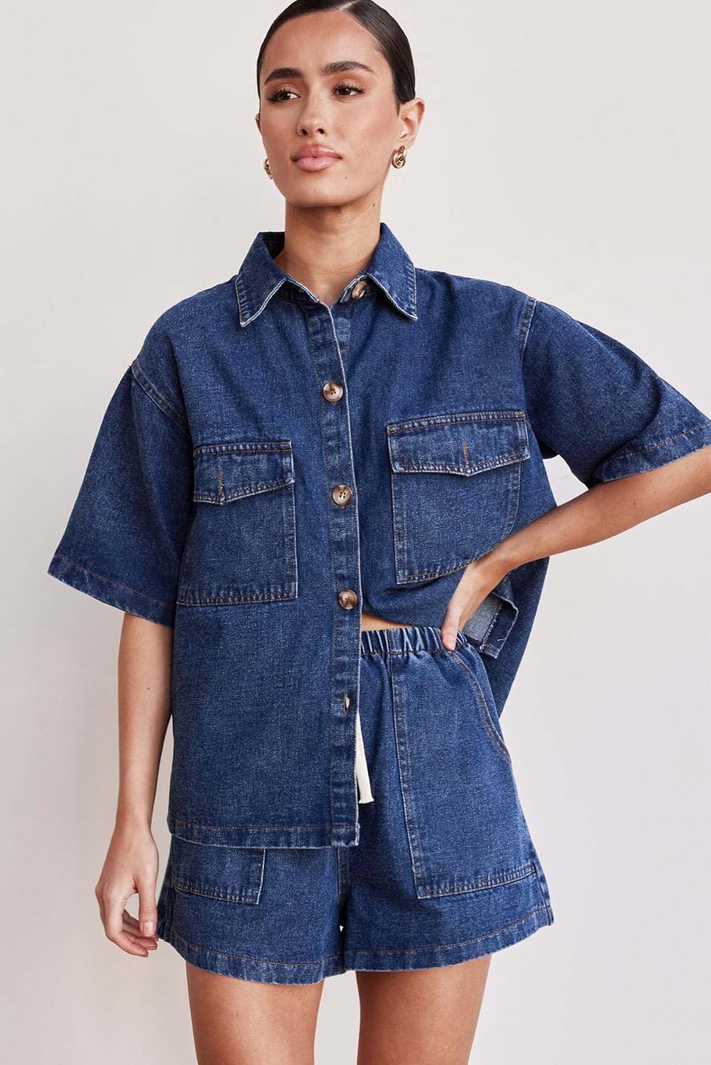 Molilove Women's Denim 2 Piece Outfits Short Sleeve Button Down Shirt Drawstring Shorts Set Casual Jean Outfits Two Piece Set - Image 2