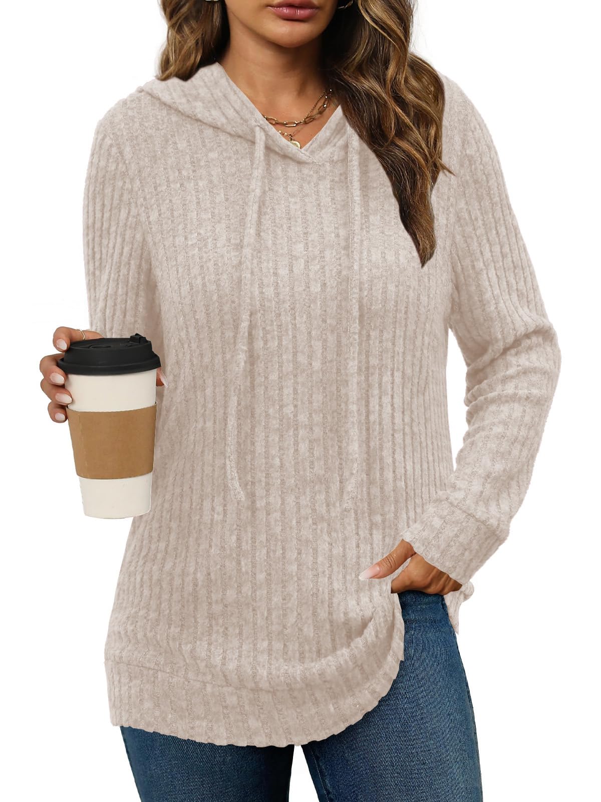 Lylinan Womens Soft Ribbed Knit Hoodie Sweaters Long Sleeve Pullover Shirts Lightweight Cozy Fall Tops