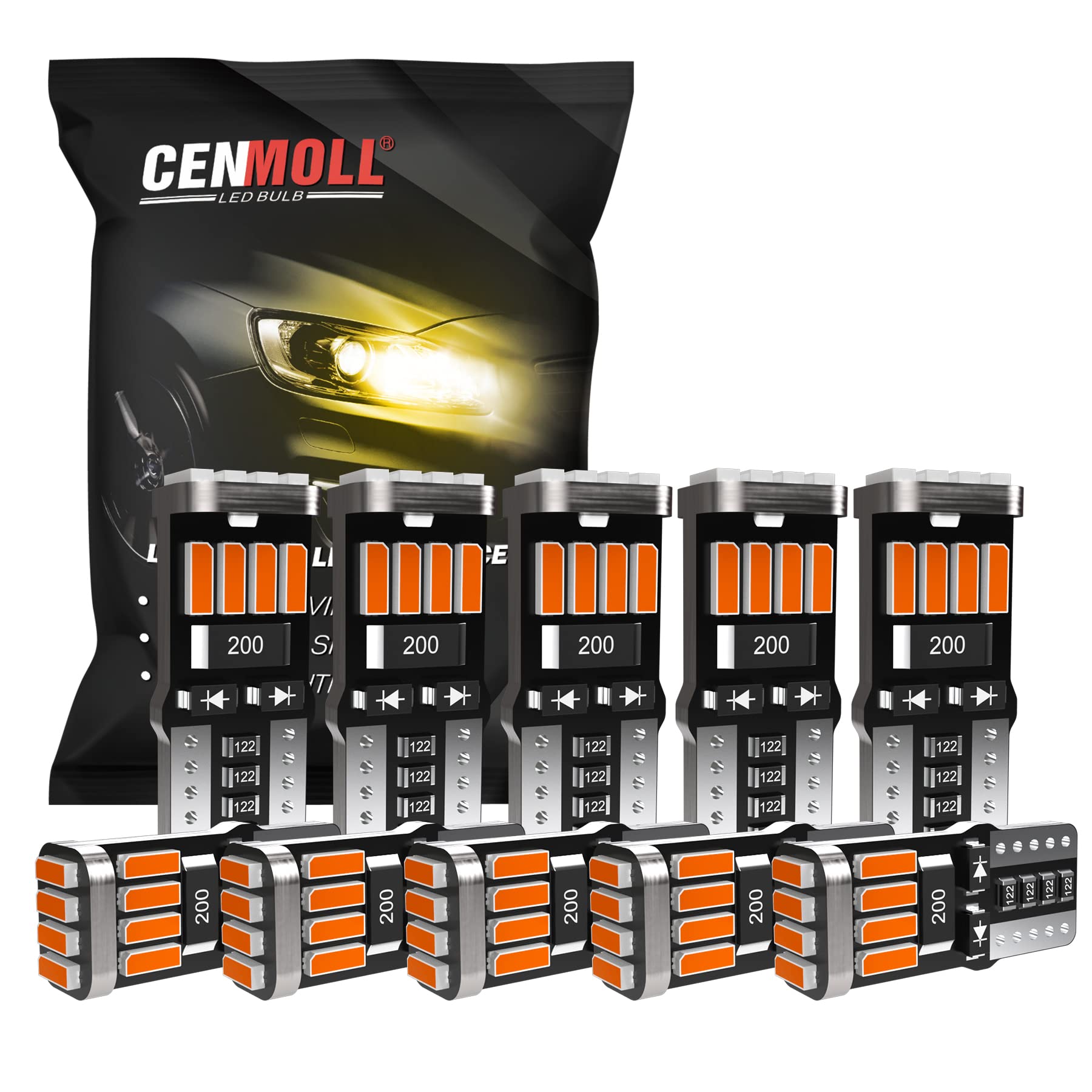 Cenmoll T10 501 W5W Led Bulb Amber Yellow, Super Bright 168 194 501 W5W Led Bulbs Canbus Error Free Car Bulb for Interior Reading Lights Number Plate Lights Dome Lights Side Lights, Pack of 10