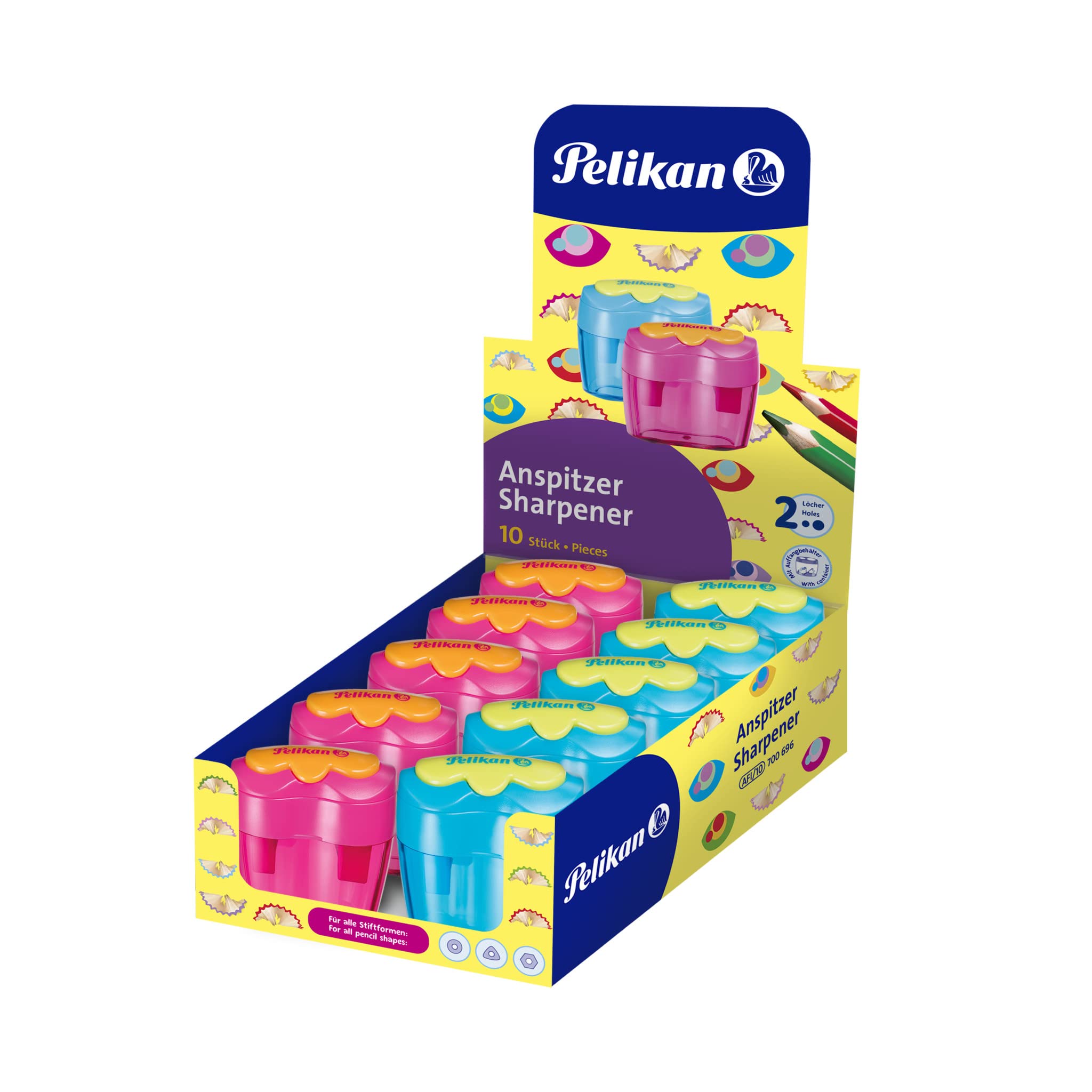 Pelikan Lot de 10 taille-crayons doubles en forme de fleur, couleurs assorties dans un présentoir en carton