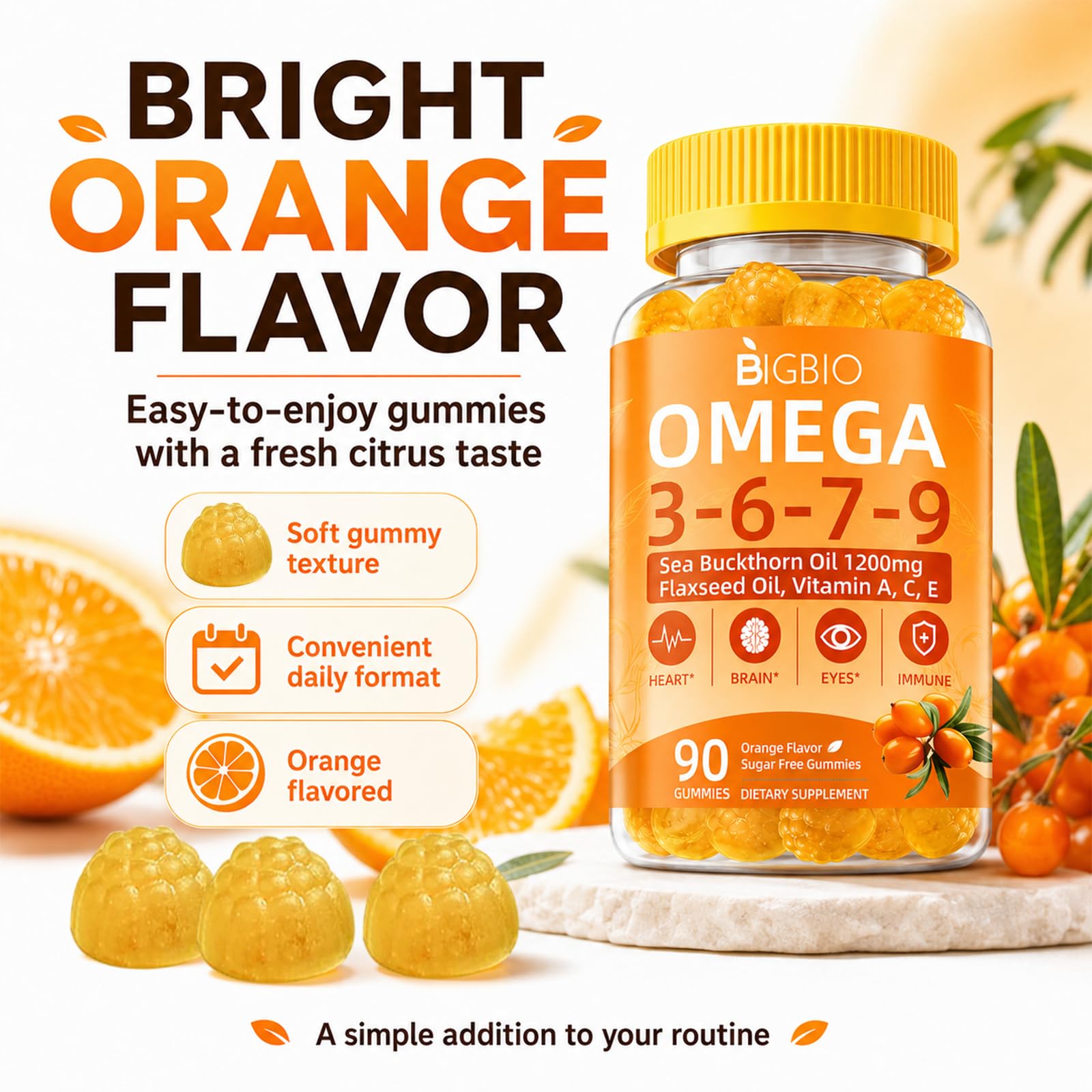 Omega 3-6-7-9 Gummies, Organic Sea Buckthorn Oil 1200MG & Flaxseed Oil 500MG, Vegan Omega 7 Supplement w/Vitamin A, C, E, Fatty Acids, No Fish Taste, Supports Skin, Eye, Immune, Brain Health, 90 Cts — Amazon image 6