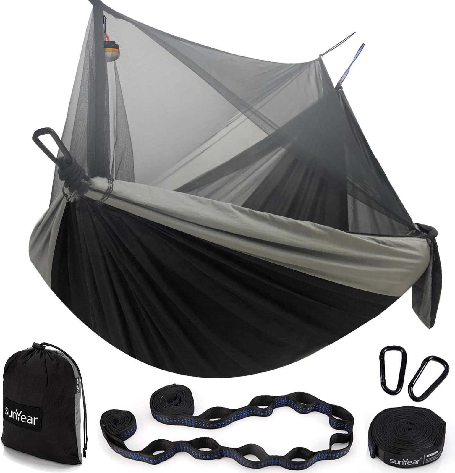 Sunyear Hammock Camping with Rain Fly Tarp and Net, Portable Camping Hammock Double Tree Hammock Outdoor Indoor Backpacking Travel & Survival, 2 Tree Straps,100% Waterproof