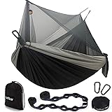 Sunyear Hammock Camping with Rain Fly Tarp and Net, Portable Camping Hammock Double Tree Hammock Outdoor Indoor Backpacking Travel & Survival, 2 Tree Straps,100% Waterproof Black & Grey（no Rain Fly） 78'W*118'L