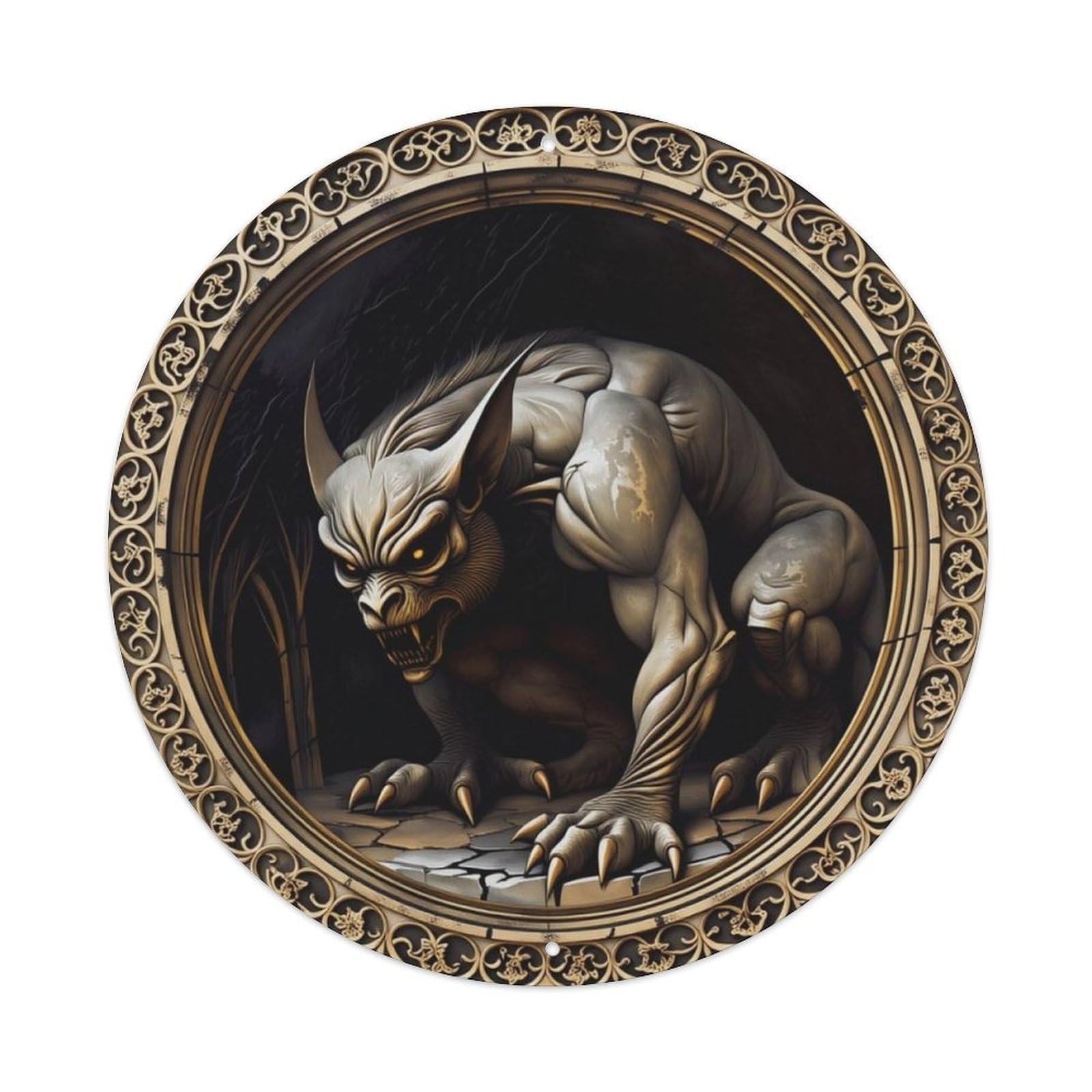 Gothic Gargoyle Ornate Frame Round Wall Sign Vintage Aluminium Metal Sign, Retro Wall Decor for Home, Bar, Garage & Farmhouse 20x20cm
