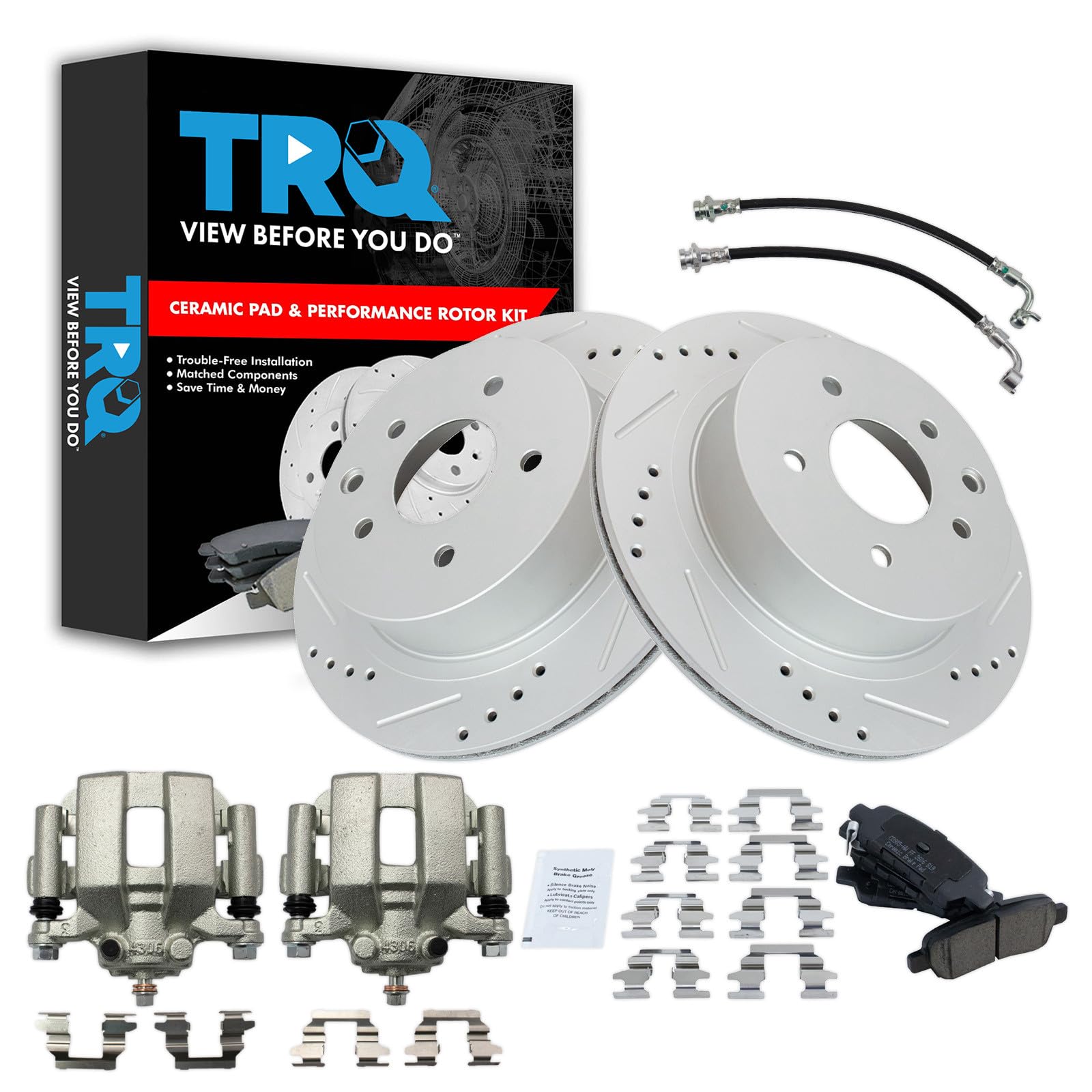TRQ Performance Rear Brake Pad and Rotor Set Ceramic Slotted Drilled Coated Calipers Compatible with 2003-2005 Infiniti G35 Nissan 350Z