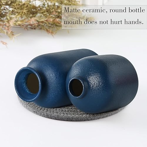 Miniatura 5 de CEMABT Juego de 3 jarrones de cerámica azul para decoración, decoración rústica moderna del hogar, jarrones decorativos para hierba de las pampas,