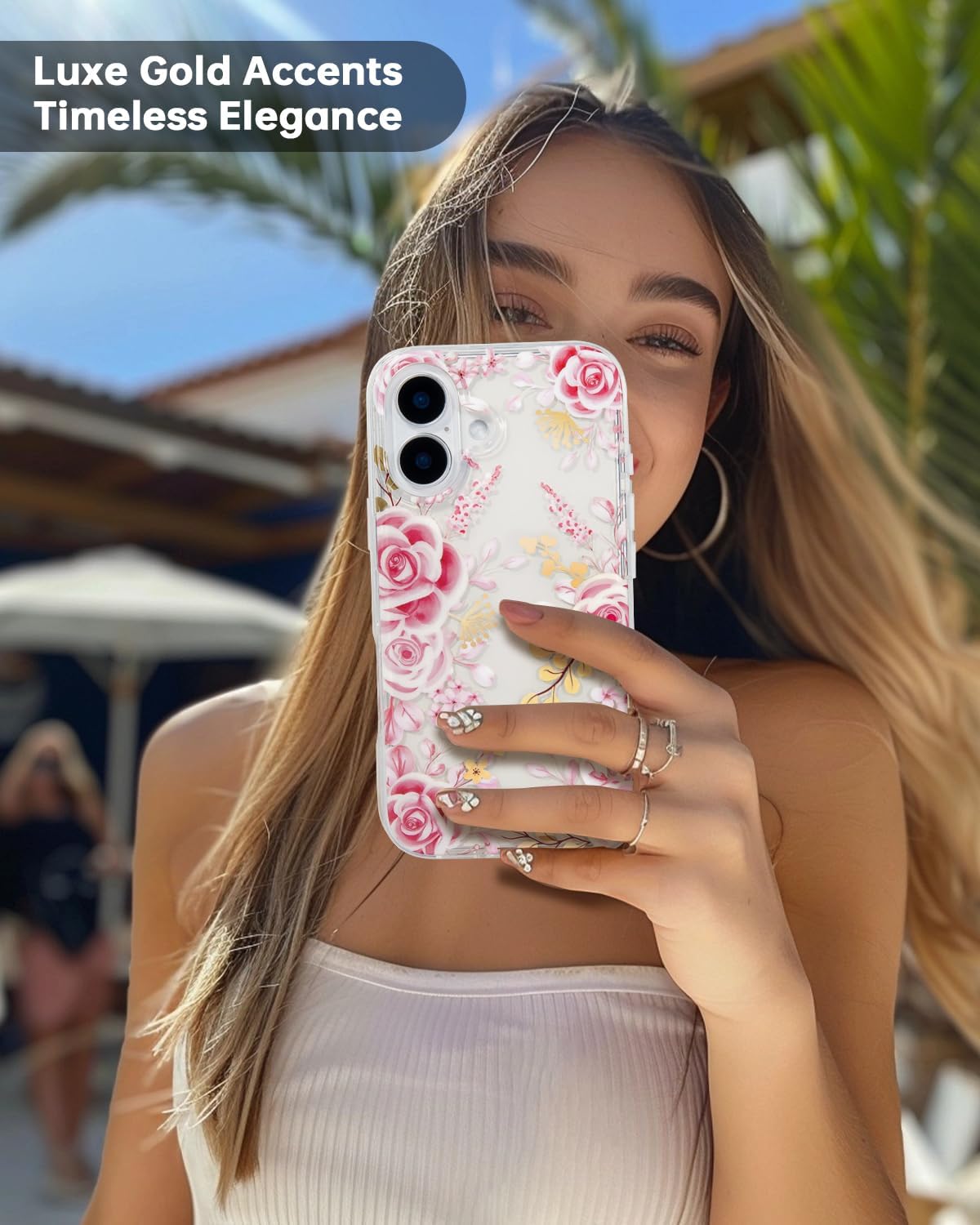 SCORPIFY for iPhone 16 Case with Pastel Pink Rose Floral Design, Cute Clear Flower Phone Cover for Women Girls, [Non Yellowing] Slim Shockproof Bumper with Gold Accents