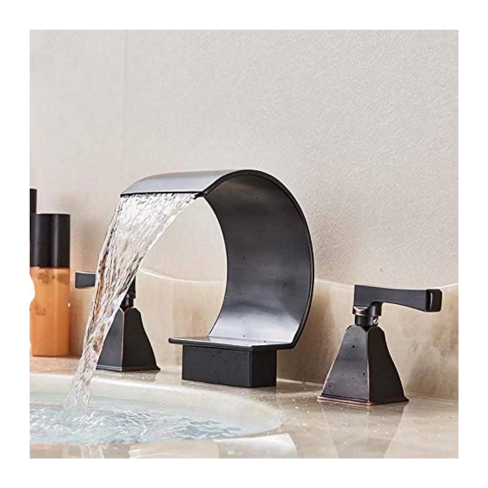 Rubinetto Compatible with bagno a cascata Rubinetto Compatible with acqua calda fredda in ottone con doppia maniglia Rubinetti Compatible with lavabo da piano in bronzo nero ，Rubinetti per lavello