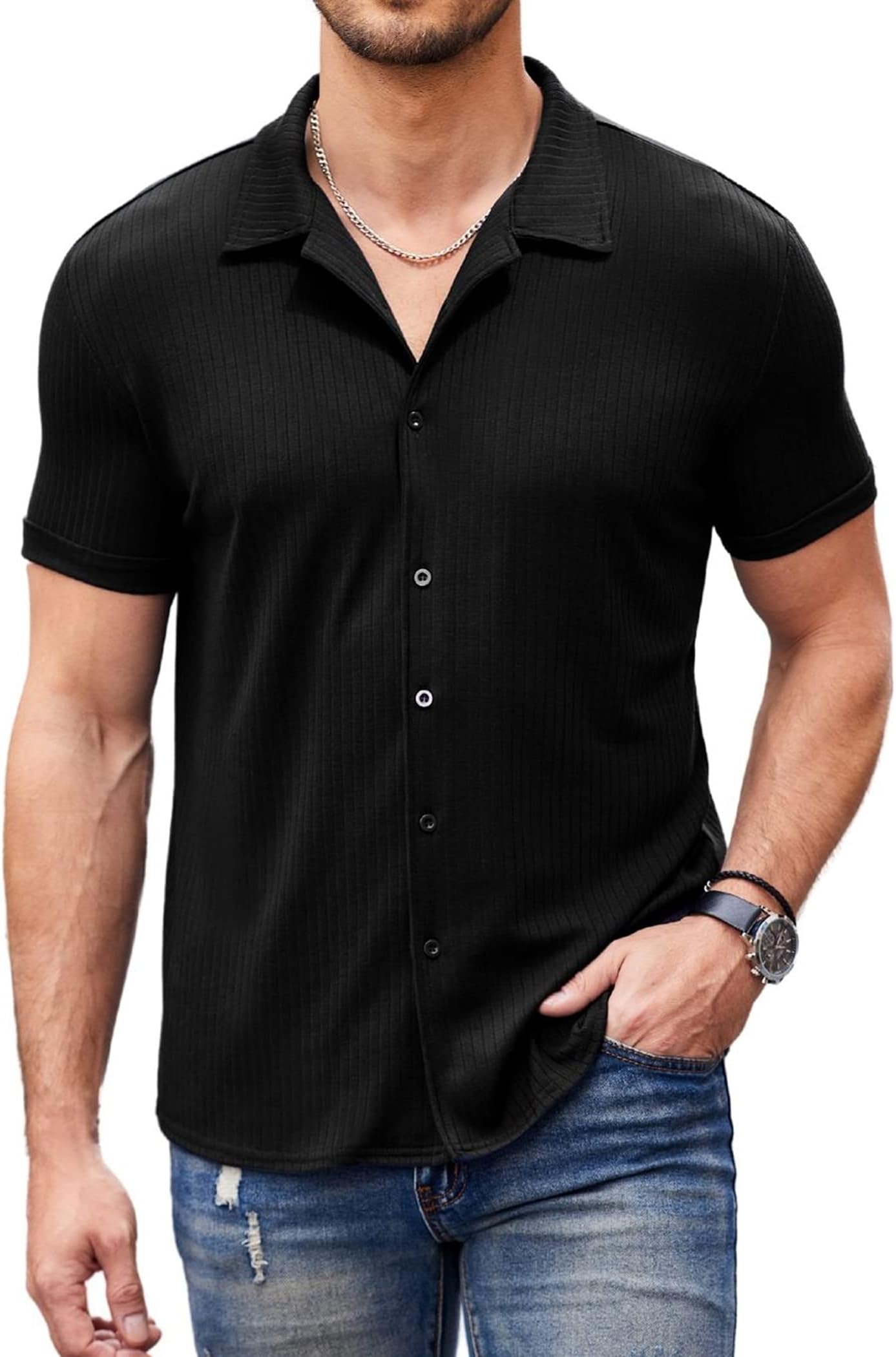 COOFANDYMens Knit Button Down Shirt Short Sleeve Button Up Shirt Summer Casual Beach Tops