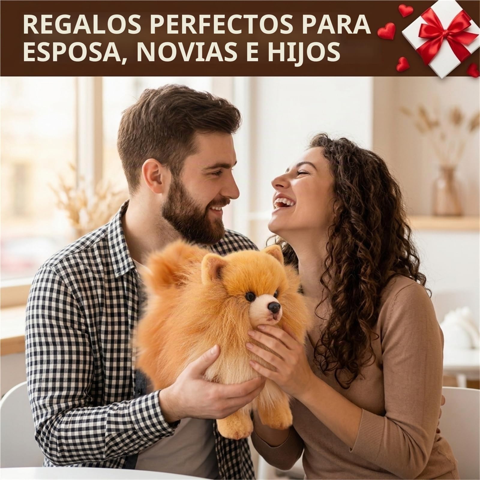 Soft Pomeranian Perro Peluche, 23CM Lindo Cachorro de Peluche Niños Ideal para el Juego Acogedor y la Decoración del Dormitorio(BrownBomei)