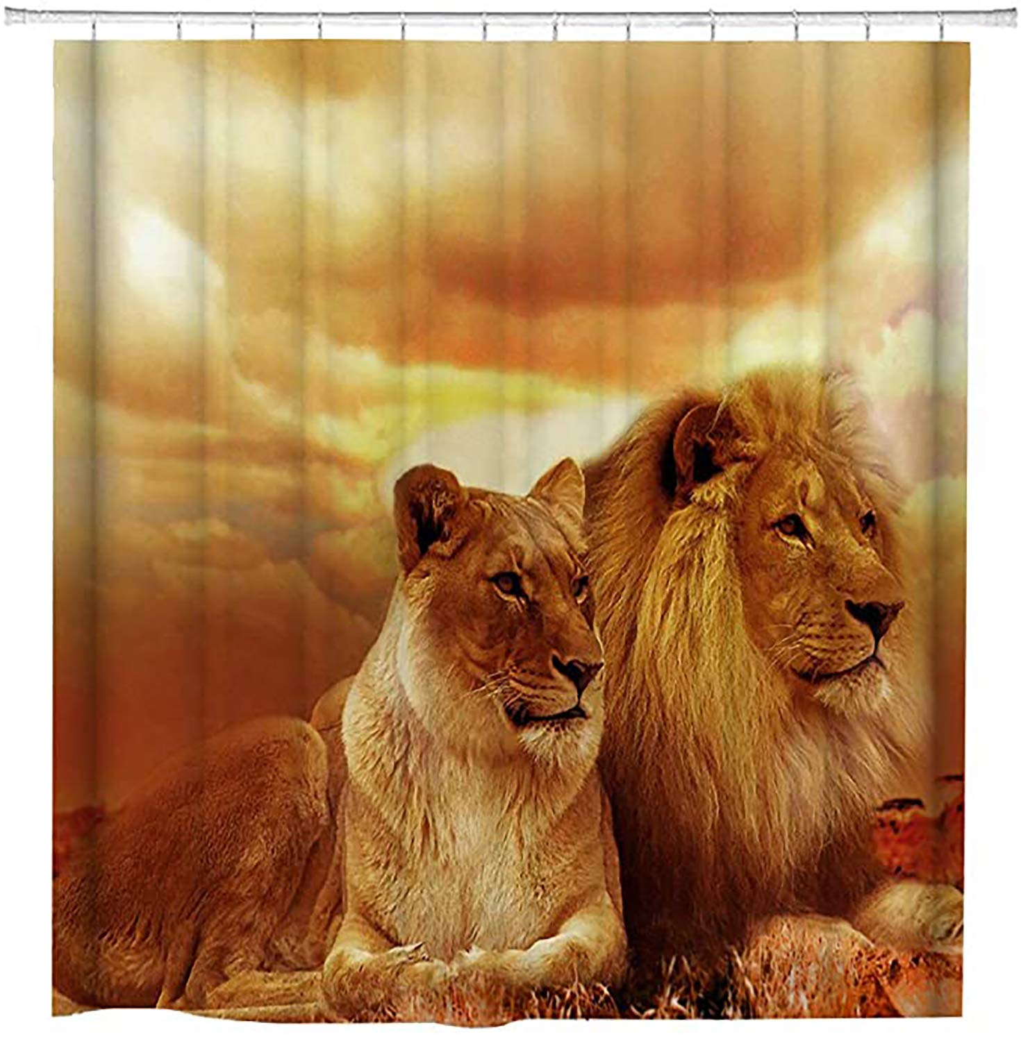 YULUOSHA Couple Forest King Fabric Shower Curtain Sets African Animal Lion Bathroom Decor with Hooks Waterproof Washable 72 x 72 inches Brown and Yellow