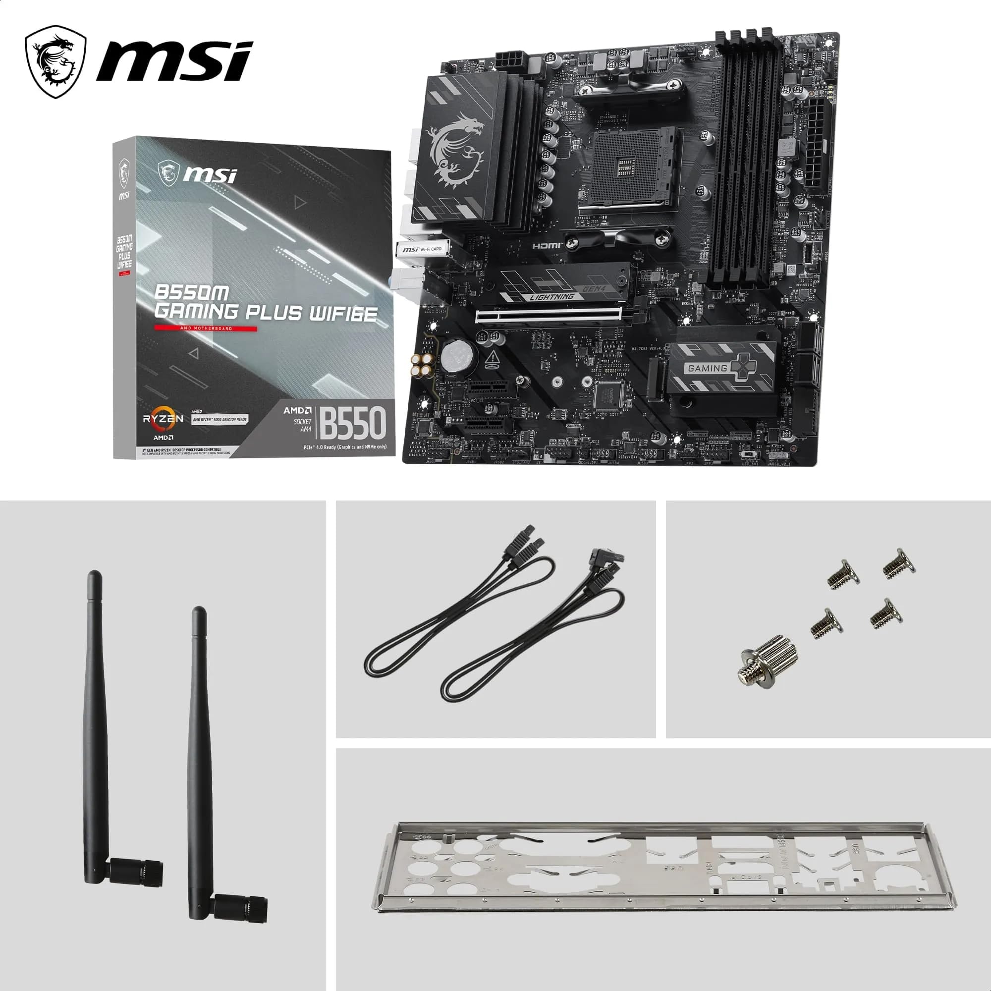 MSI Carte mère B550M Gaming Plus WIFI6E, mATX Prend en Charge Les processeurs AMD Ryzen 5000, 5000 G-Series 4000 G-Series et 3000 Series, AM4-DDR4 Memory Boost 4400 + MHz/OC, PCIe 4.0 x16, M.2 Gen4