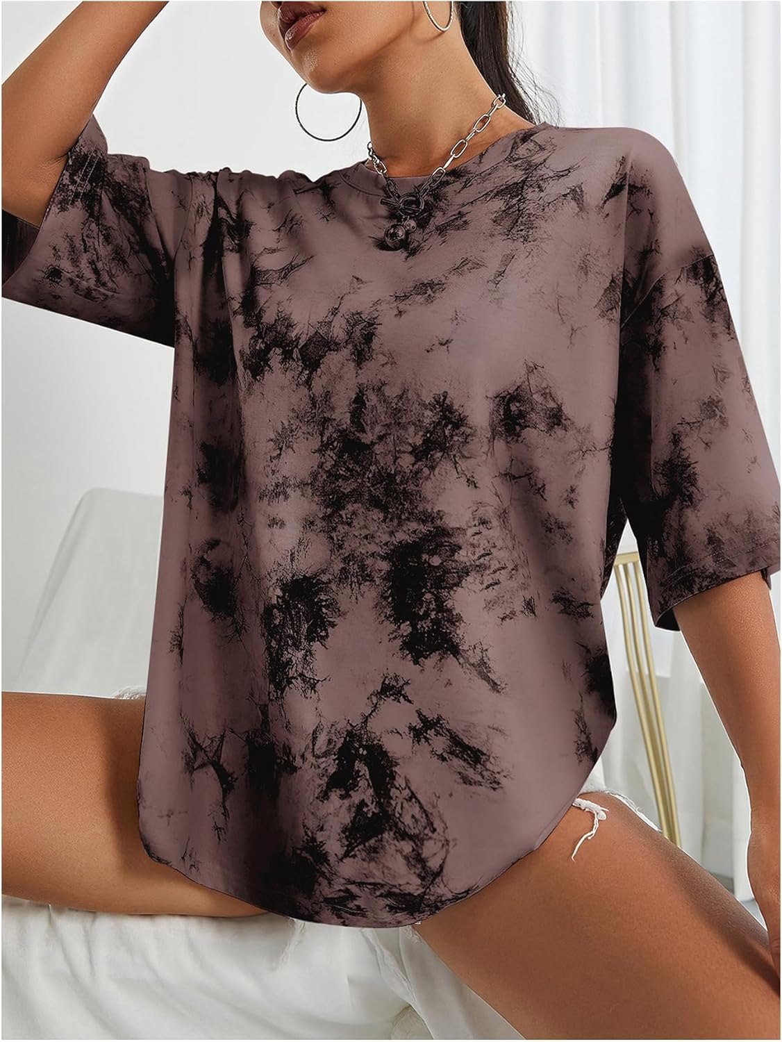 SHENHE Women's Oversized Tie Dye Shirt Crew Neck Short Sleeve Summer Gym Casual Top Tee - Image 2