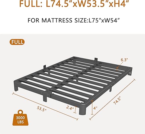 Miniatura 2 de Base de cama baja tamaño matrimonial, marco de cama de perfil bajo de 4 pulgadas, no necesita somier, con topes de colchón, cabecera DIY, soporte de