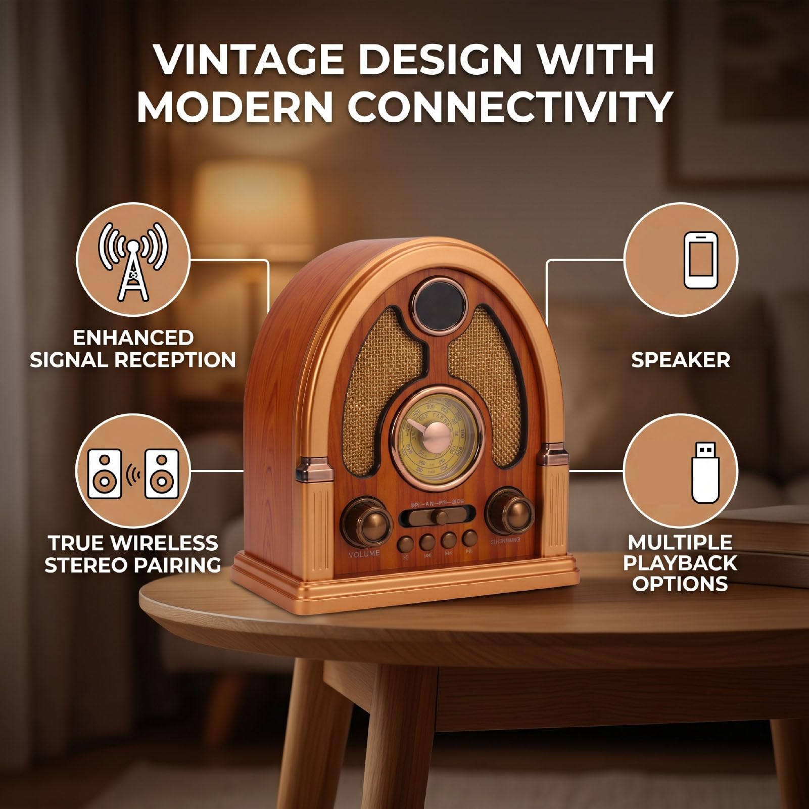 Bewinner Radio Vintage Am FM SW, Altavoz Bluetooth TWS con Reproducción de Tarjeta USB (Yellow)