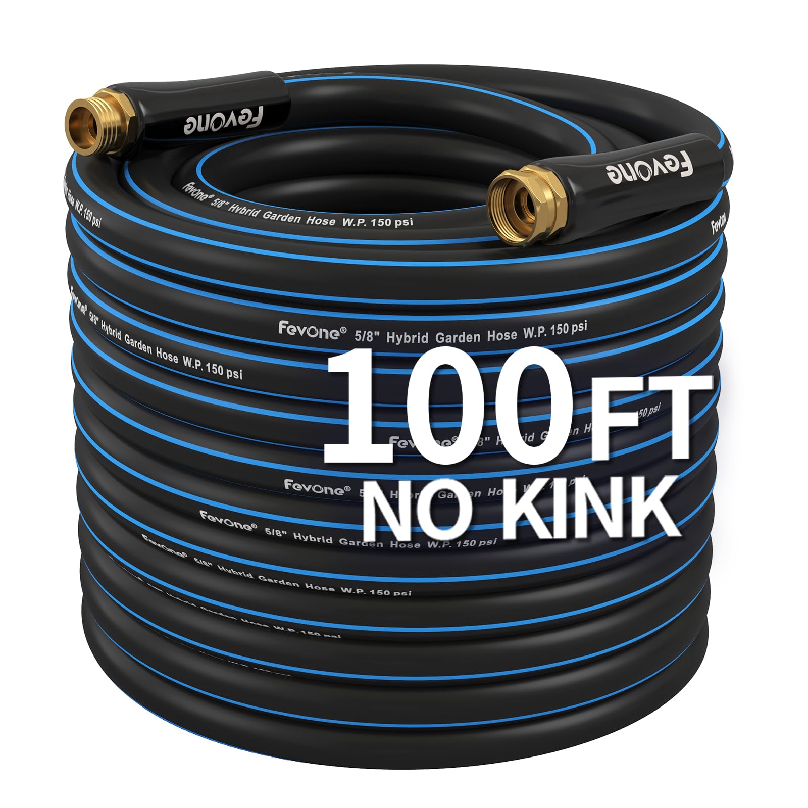 Fevone 100 ft Kink Free Garden Hose, All Weather Flexible, Heavy-Duty & Durable, Solid Brass Fittings, Leak-Free Connection