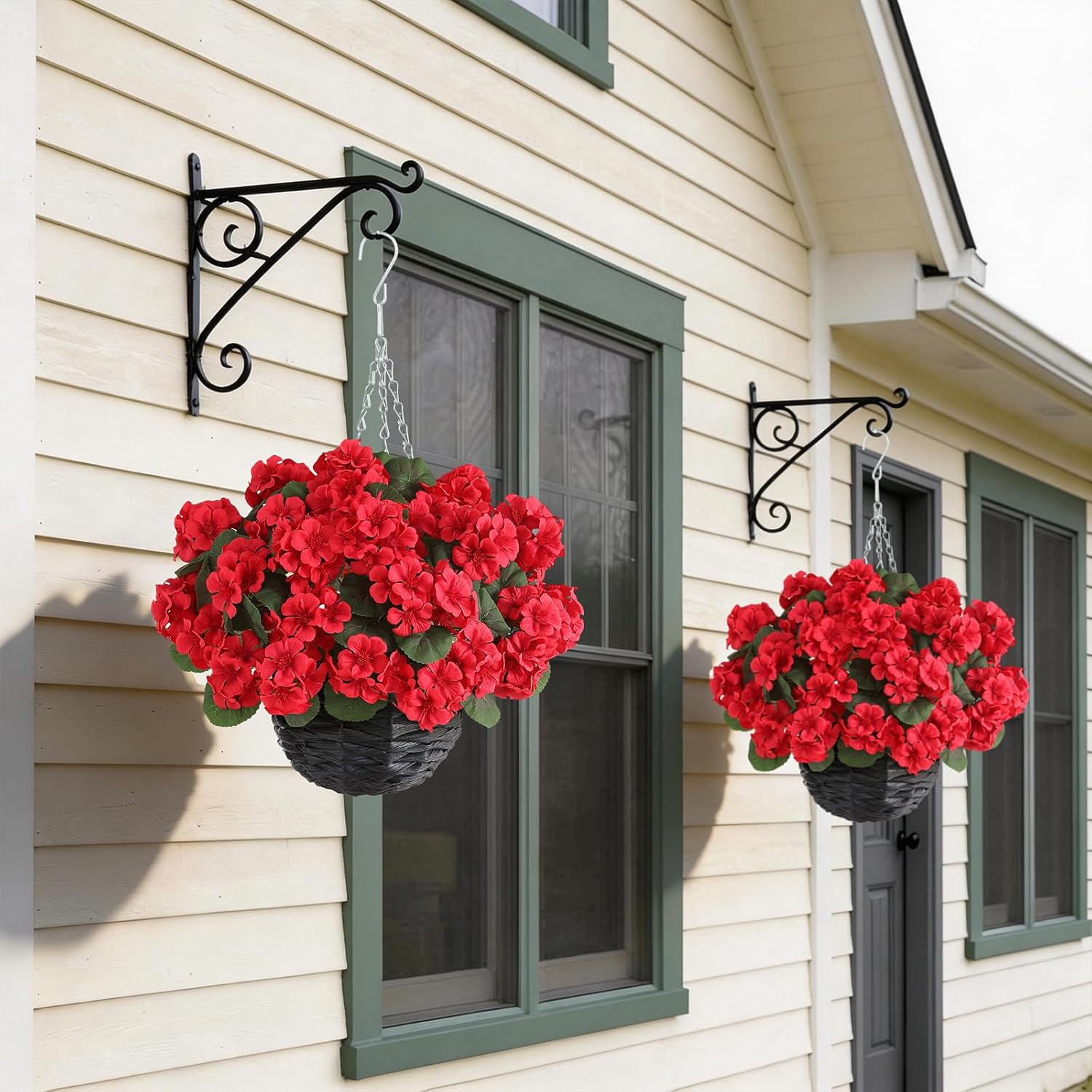 2 Set Artificial Geraniums Flowers with Hanging Baskets for Outdoors - Sun Resistant Silk with Geranium Flowers, Fake Hanging Planters for Front Porch Garden Patio Home Decor (Red)