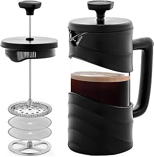 OVENTE French Press Coffee Maker 12 Ounce with Heat Resistant Borosilicate Glass & Stainless Steel 4-Level Filtration System, Portable Cold Brew Coffee Maker for Travel, Camping or Gift, Black FPW12B
