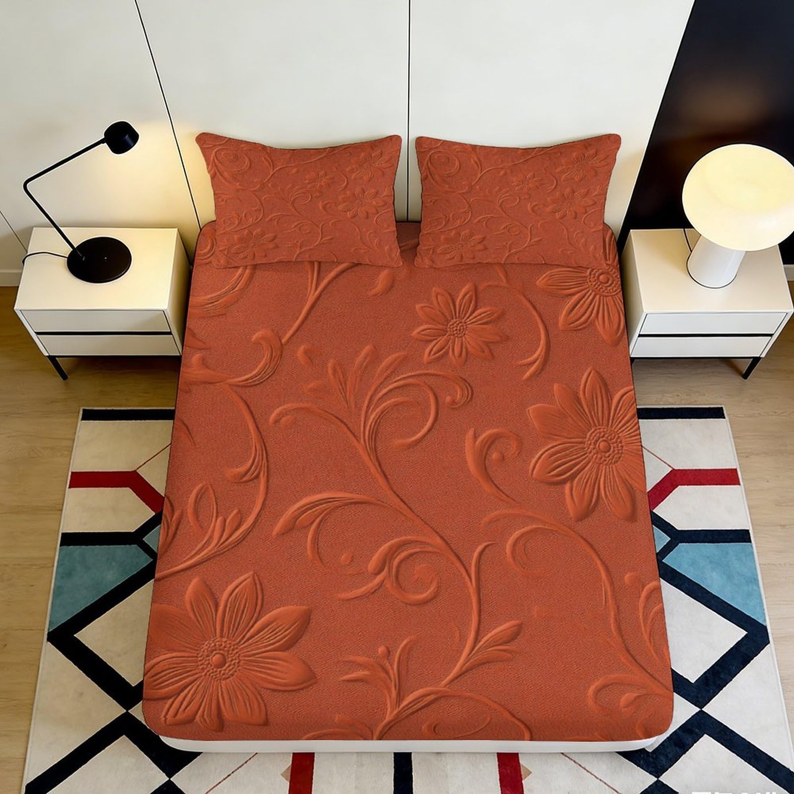 3D Printed Floral Brown Fitted Sheet Microfiber Soft Breathable Embossed Bed Cover for Bedroom Dormitory Guest Room Mattress Protection Decor 90x200x25cm