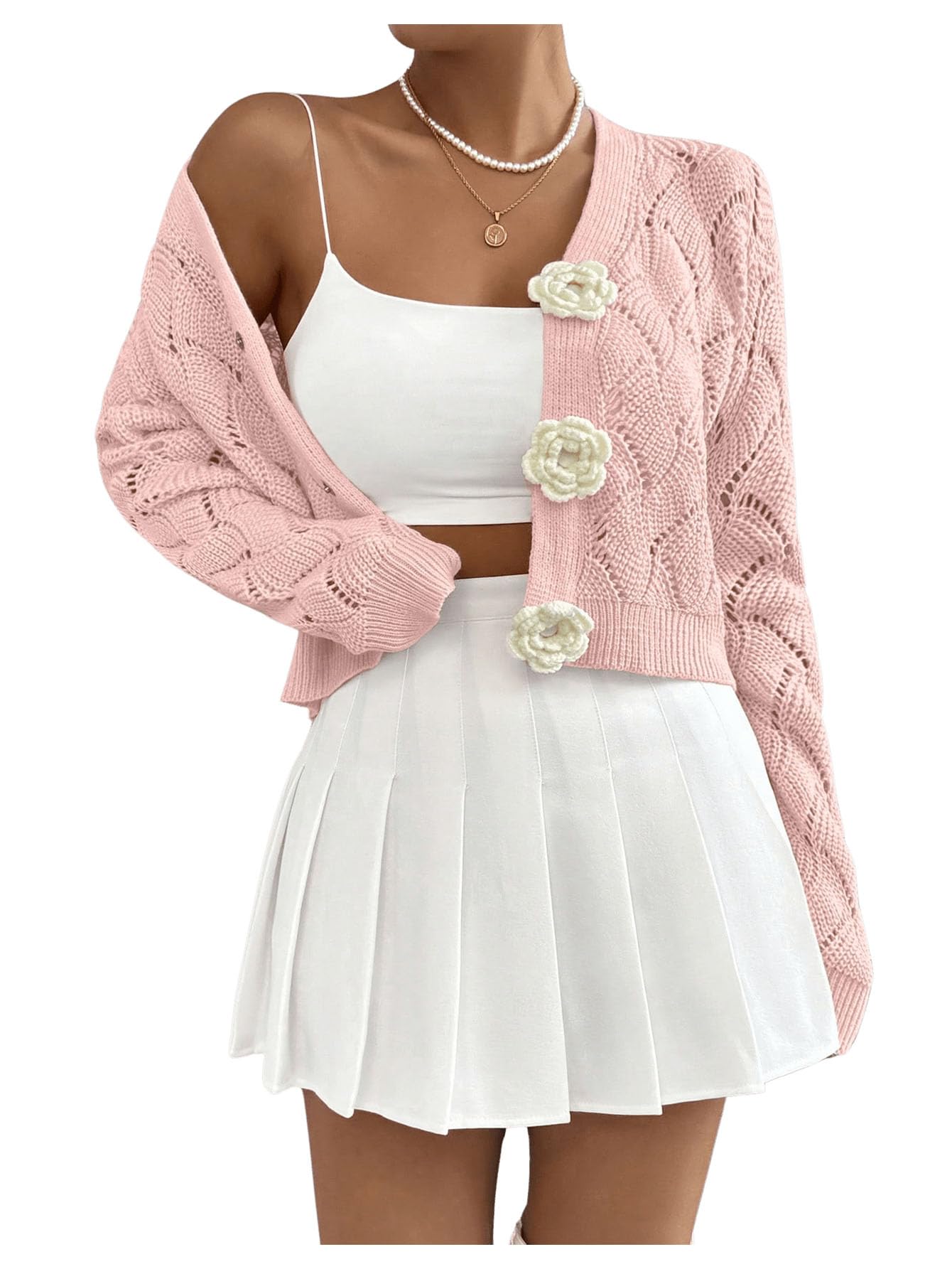 GORGLITTER Womens Crochet Button Up Cropped Cardigan Cute Floral Long Sleeve Knit Sweater Tops Dressy Going Out Outfits