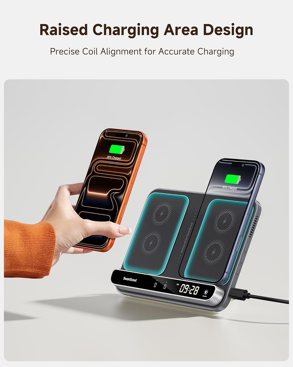 Dual Phone Charger, Wireless Charger for iPhone 17/16/15/14/13/12 Series, for Apple Watch 11/10/9/8/7/Ultra 3/SE 3, for AirPods 4/Pro 3/Pro 2, SwanScout 710A