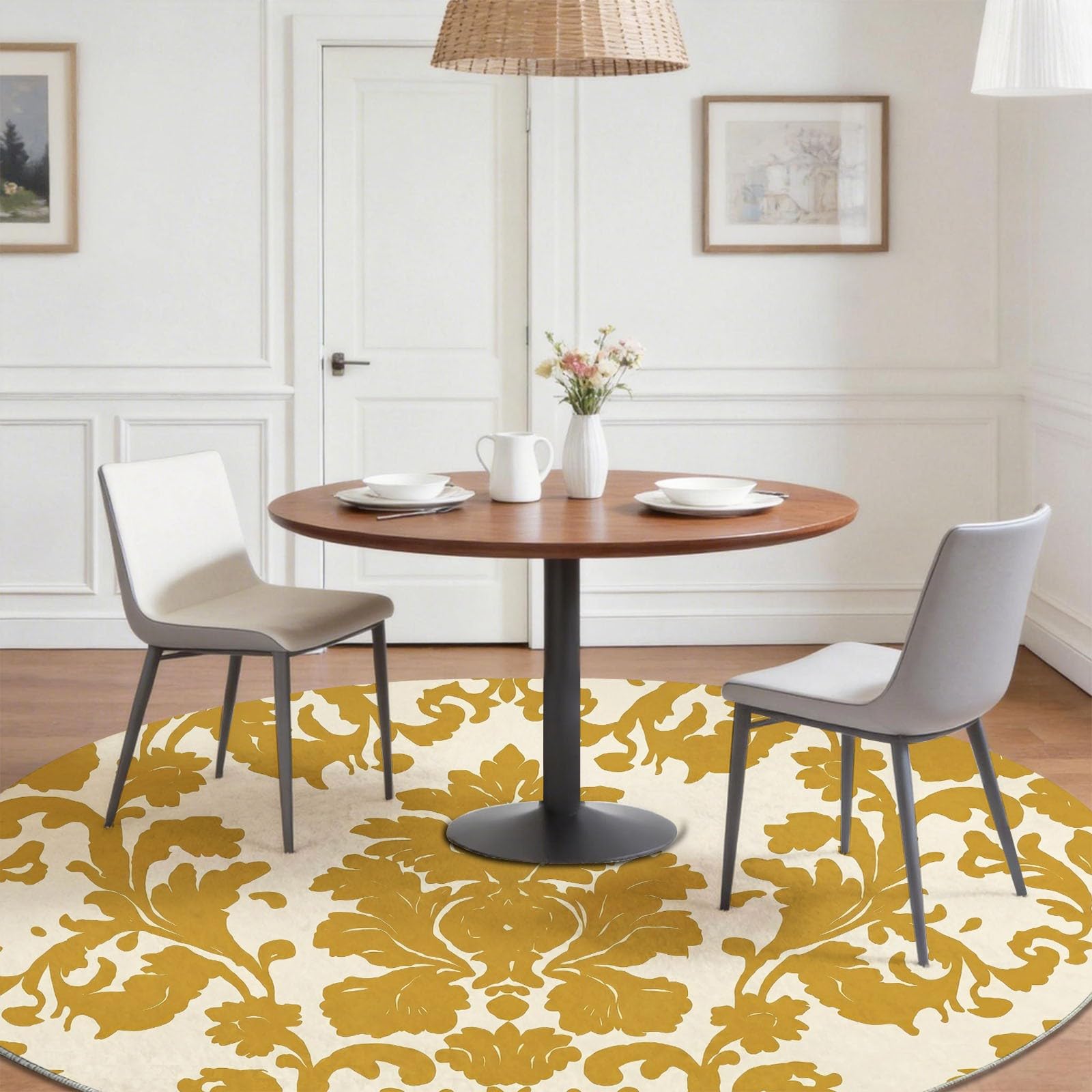 Tappeto rotondo antiscivolo, 120 cm, motivo piante damascate, tappeto rotondo per sotto il tavolo, beige, morbido, a pelo basso, classico, vintage, etnico, per soggiorno, camera da letto, sala da