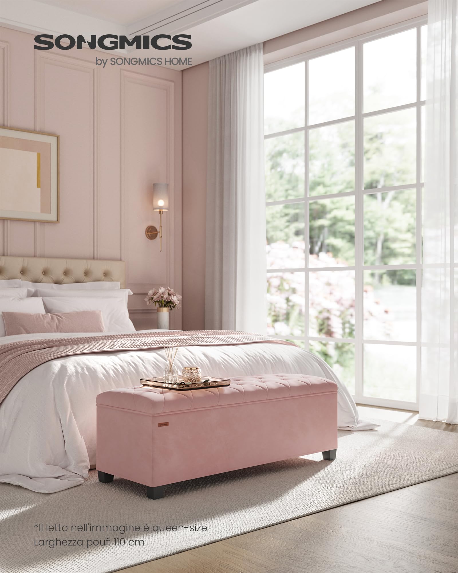 SONGMICS Cassapanca, Pouf Contenitore, Poggiapiedi 40 x 110 x 39 cm, Ottomano con Gambe in Legno, Regge fino a 300 kg, per Soggiorno, Camera da Letto, Dormitorio, Rosa Pastello LSF089R01