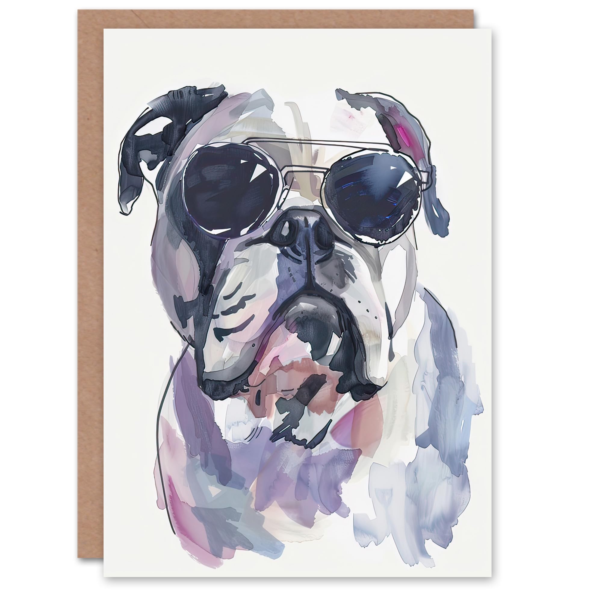 Artery8 Greeting Card English Bulldog in Aviator Sunglasses Watercolour Blank For Him Or Her Art Birthday Card