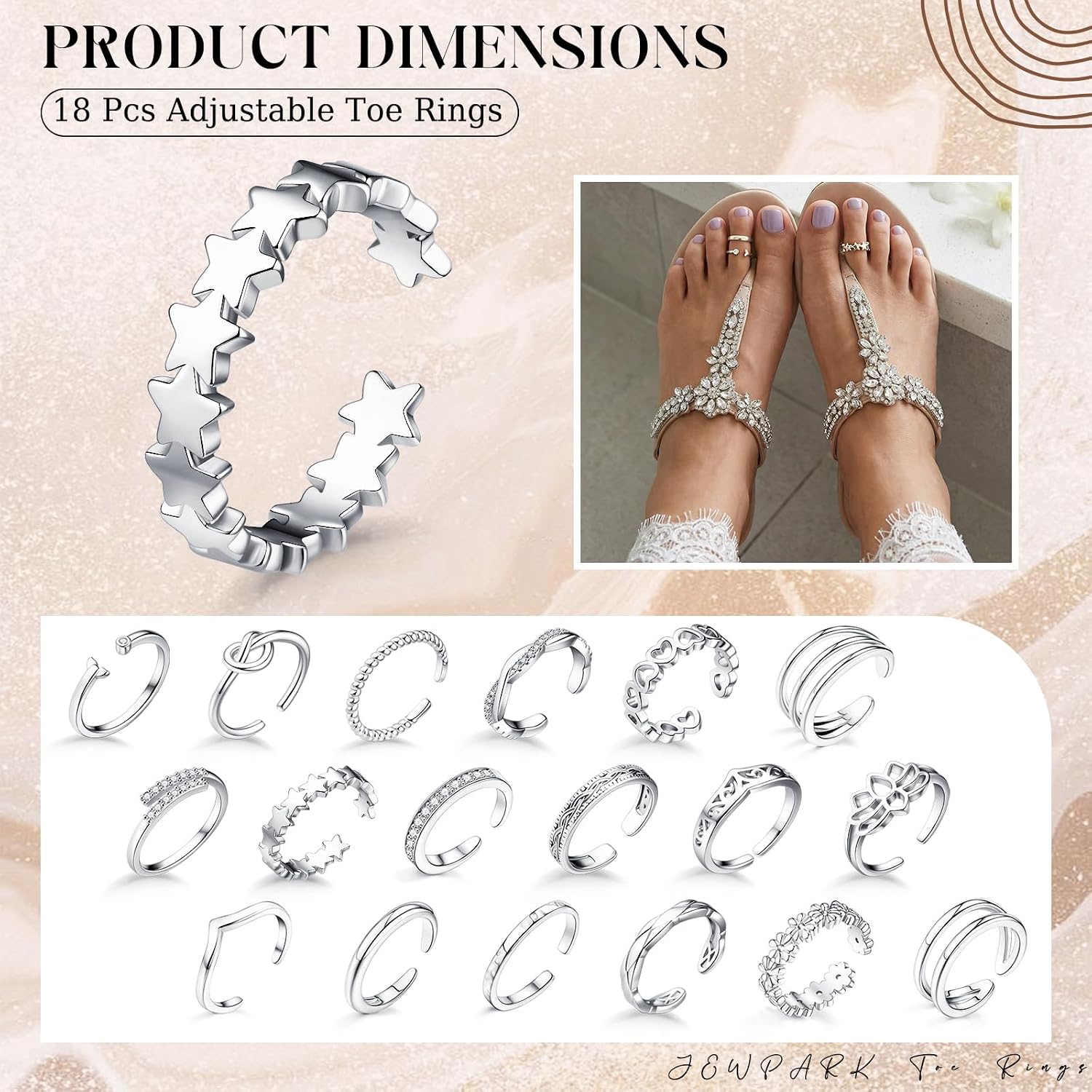 18PCS Toe Rings for Women Non Tarnish Gold/Silver Rings Open Flower CZ Band Toe Ring Set Adjustable Ring Summer Beach Foot Jewelry Gifts