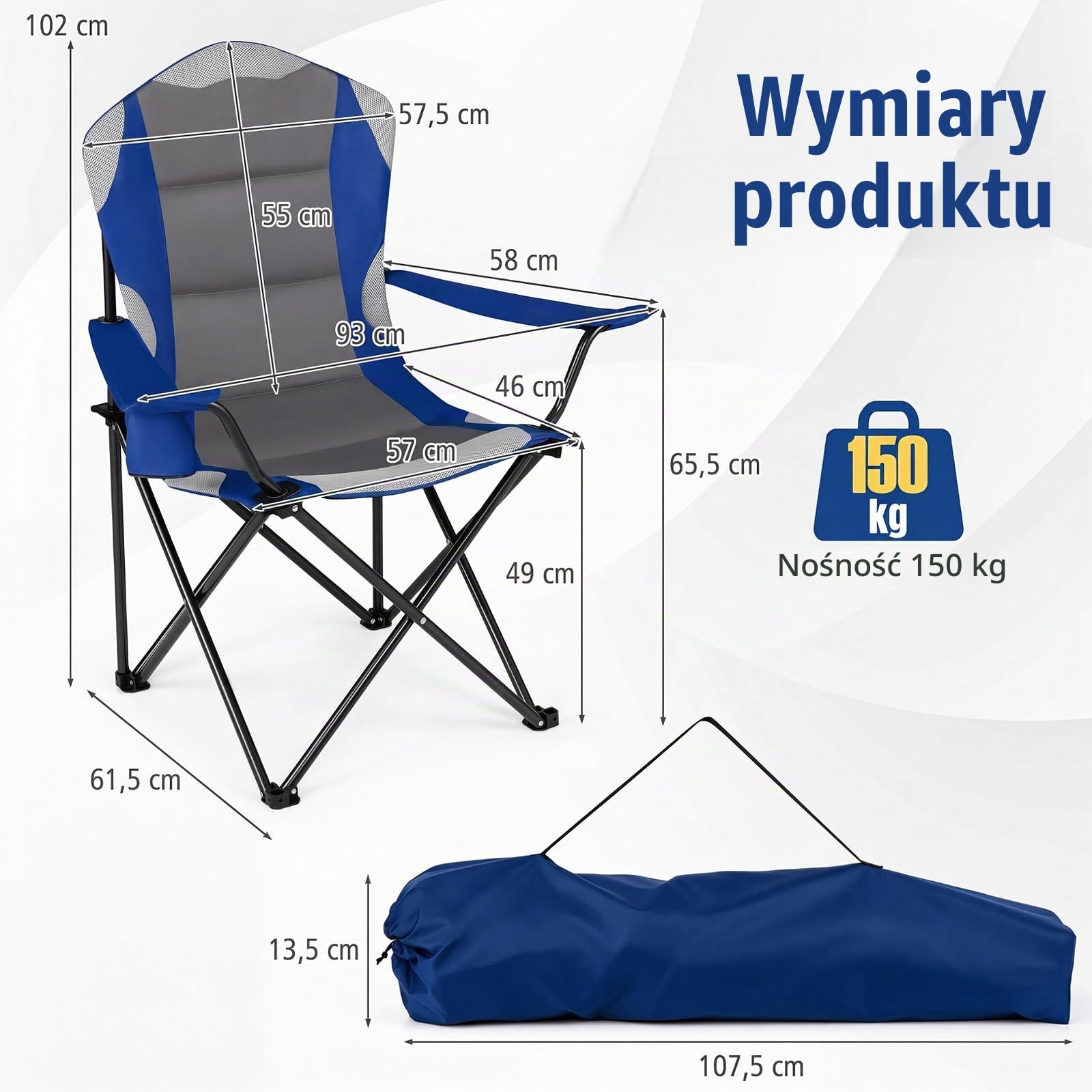 COSTWAY Krzesło kempingowe, składane, XXL, obciążenie 150 kg (niebieskie, 2)