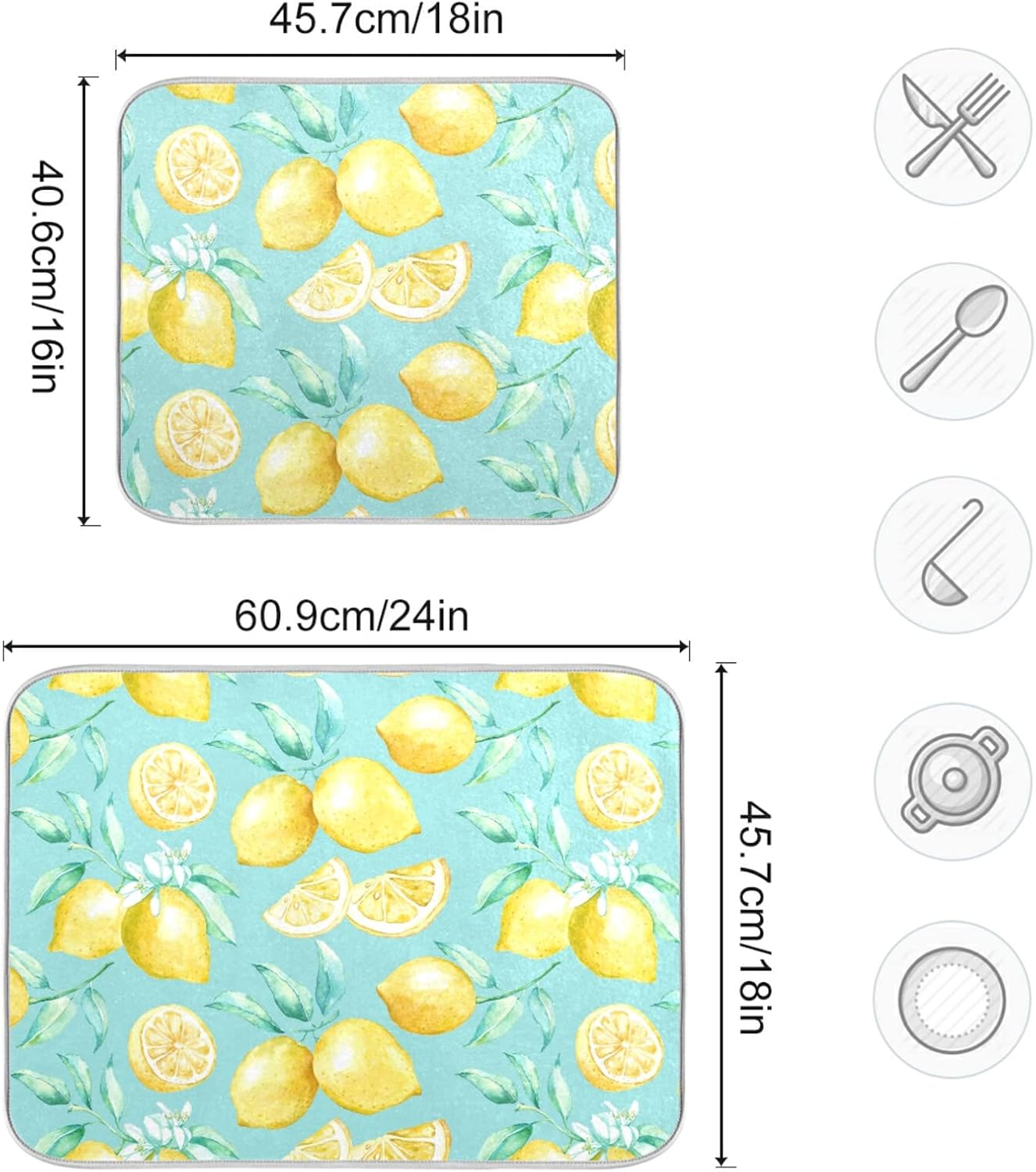 Absorbent Dish Drying Mat for Kitchen Counter - Yellow lemon teal background Microfiber Drying Pad, Reversible Drainer Mats for Countertop, Medium 16 x 18 inch