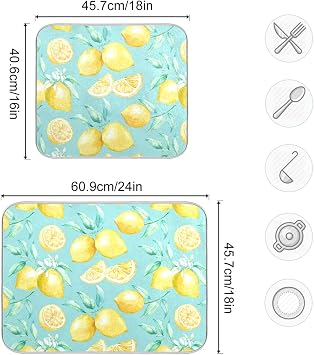 Absorbent Dish Drying Mat for Kitchen Counter - Yellow lemon teal background Microfiber Drying Pad, Reversible Drainer Mats for Countertop, Medium 16 x 18 inch