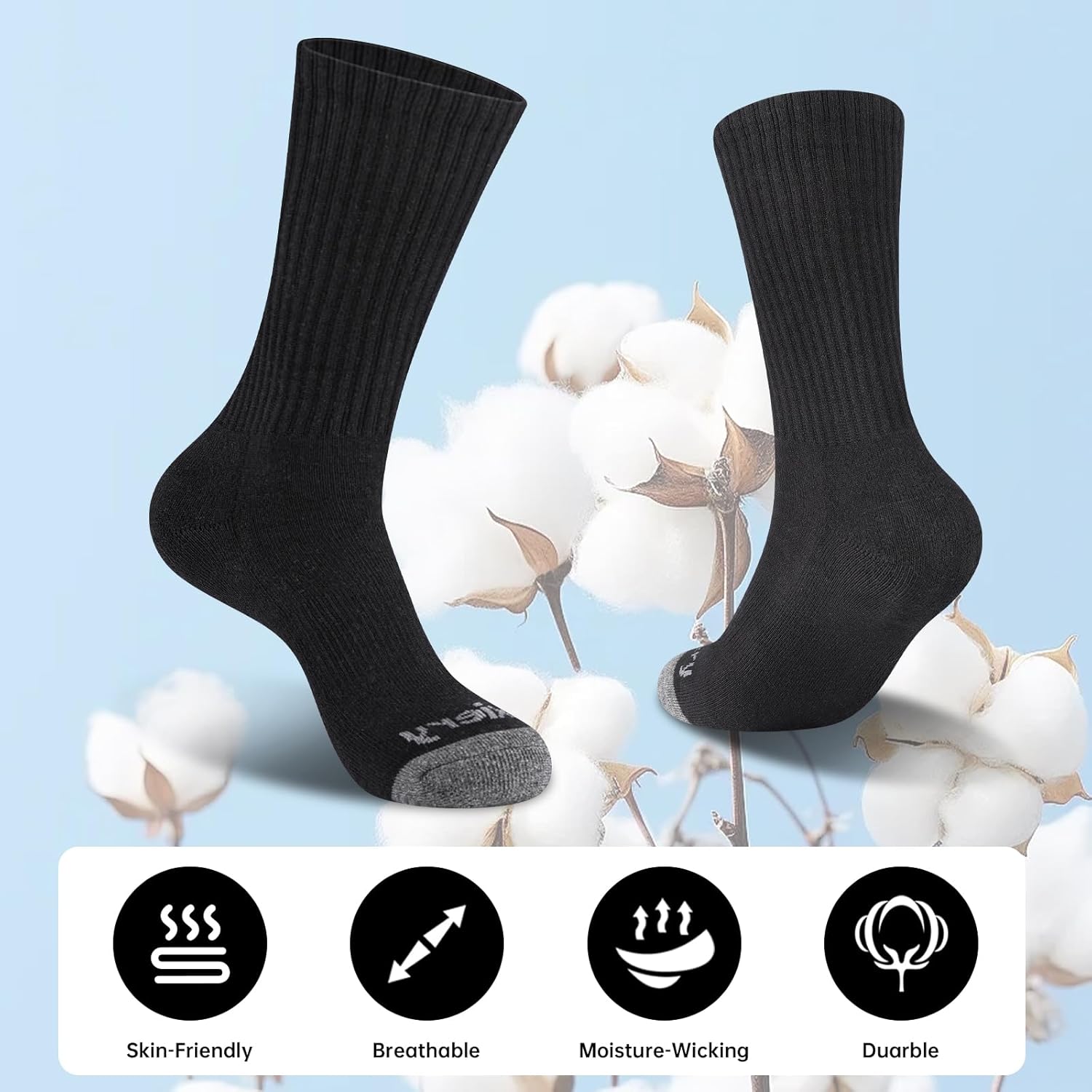 Mens 100% Cotton Moisture Wicking Cushioned Crew Socks, Athletic Performance Work socks - Image 6