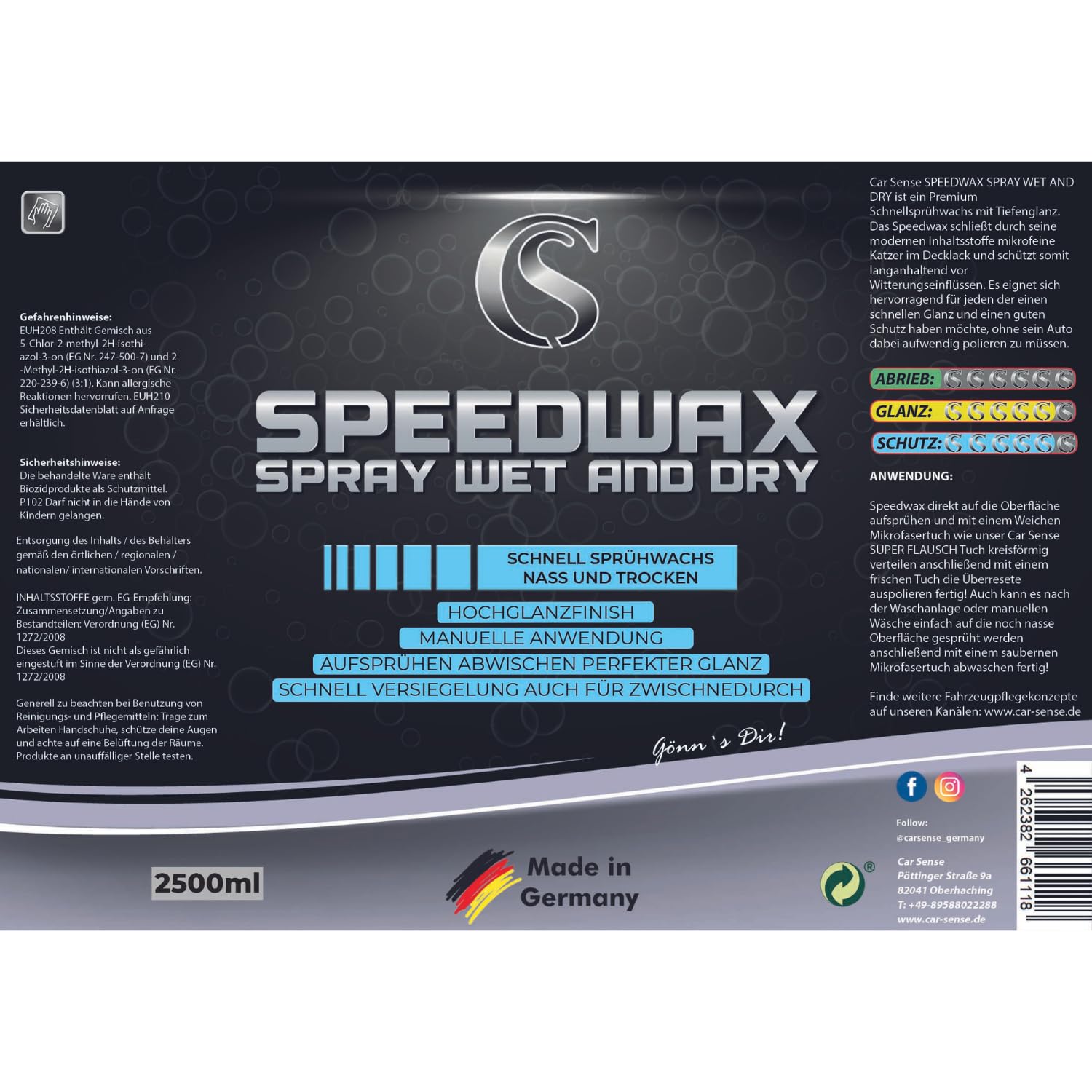 Car Sense Speedwax Spray Wet and Dry [2500ml] Schnellsprühwachs für Tiefenglanz - Schutz vor Witterungseinflüssen - Einfache Anwendung, hochglanzfinish