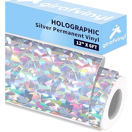 GIRAFVINYL Shattered Mirror Holographic Permanent Vinyl 12" x 6ft - Silver Holographic Vinyl for Craft Sign Plotters, Home and Car Decoration