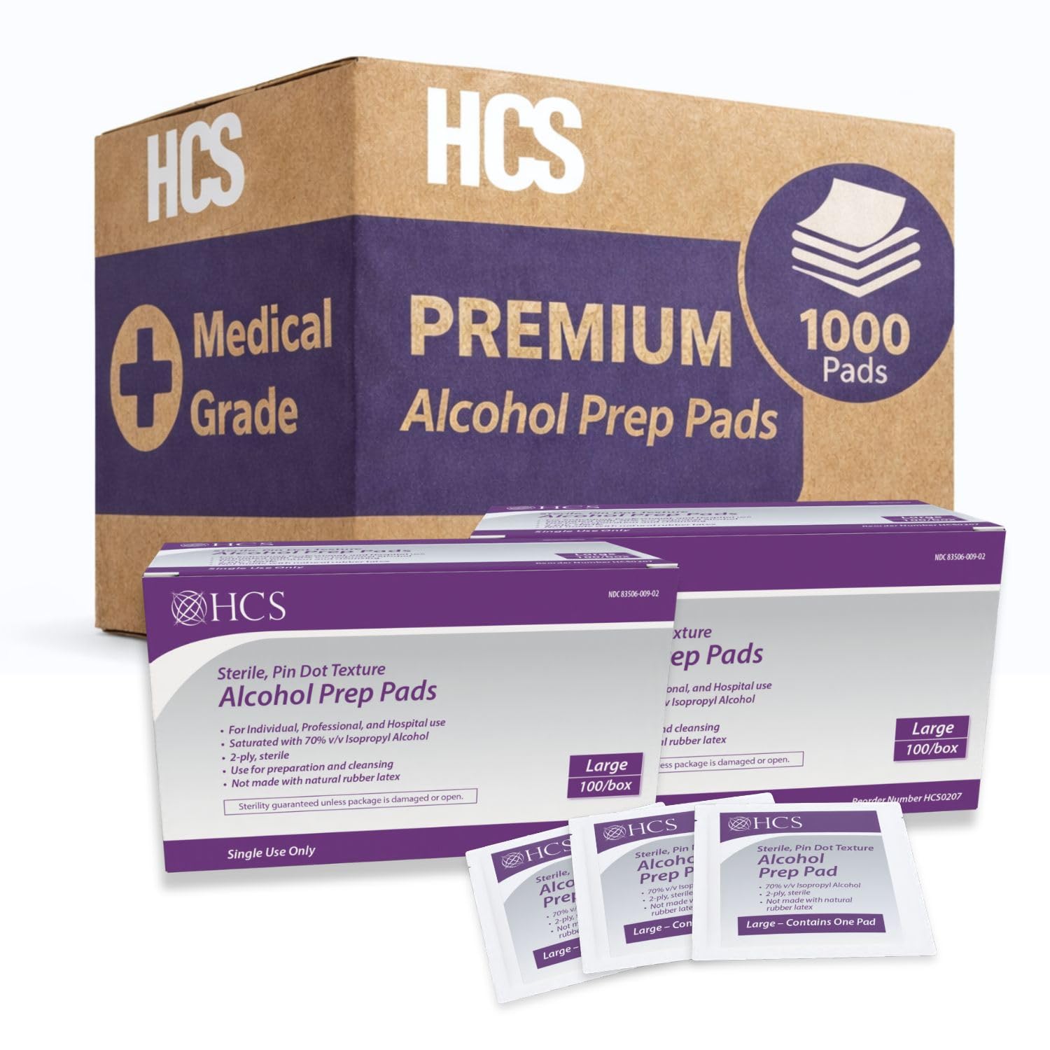 HCS Bulk Large Alcohol Prep Pads - Textured, 70% Isopropyl Alcohol Wipes, Individually Wrapped - 2 ply Sterile Skin Prep Swabs for Injections, First Aid (1000/Case)