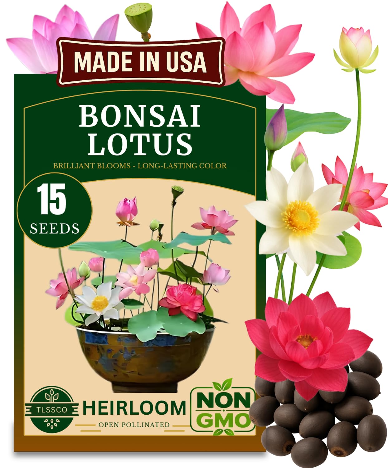 15 Lotus Seeds for Planting, Pack for 2027 USA Premium Non-GMO Seeds - Pink, Red & Green Color, Beautiful Water Plants for Indoor Bonsai, Outdoor Ponds and Gardens