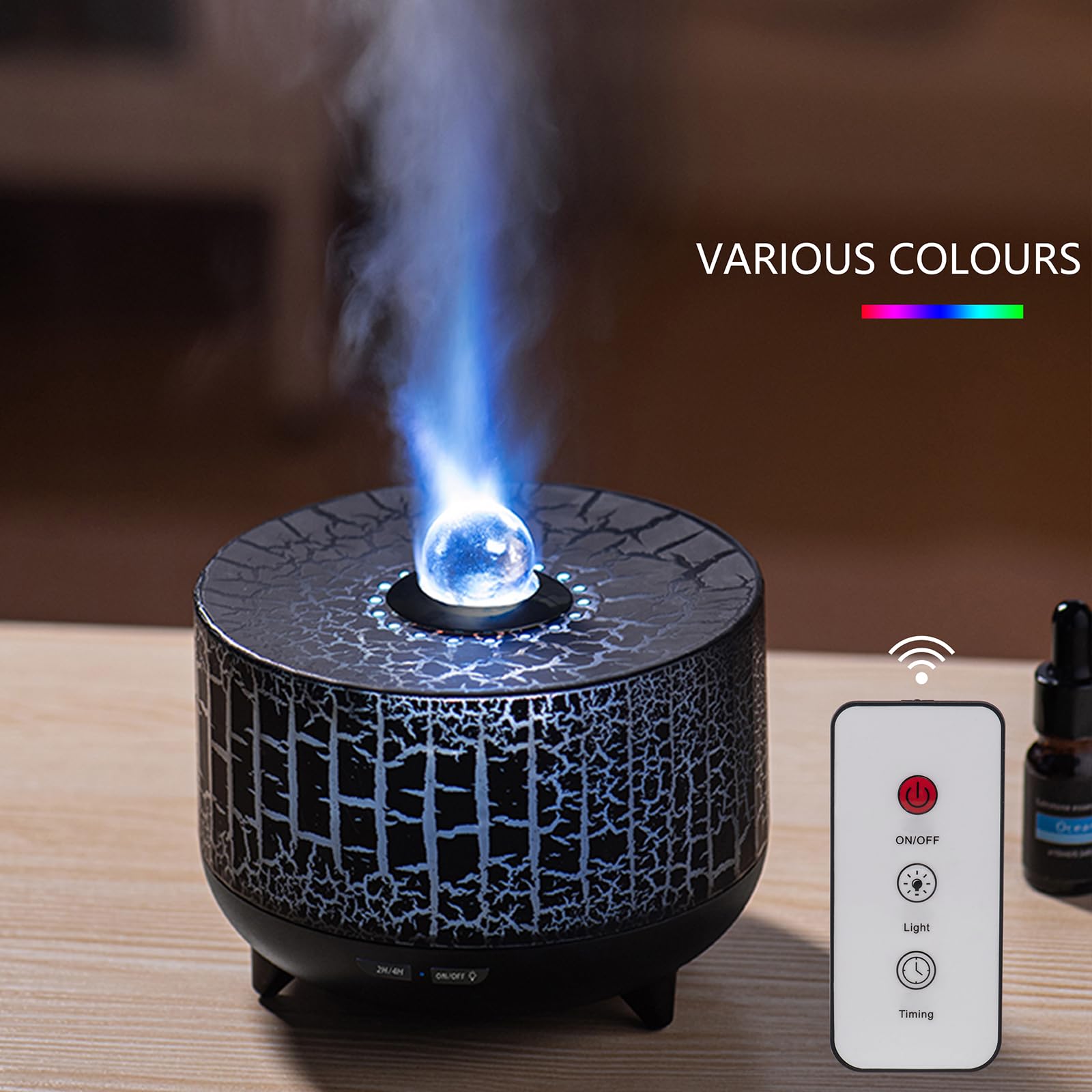 Difusor esencial Volcano: Difusor de aceite de 10.1 fl oz con luz de llama de 7 colores, humidificador de aroma de apagado automático con control remoto para habitación grande 6