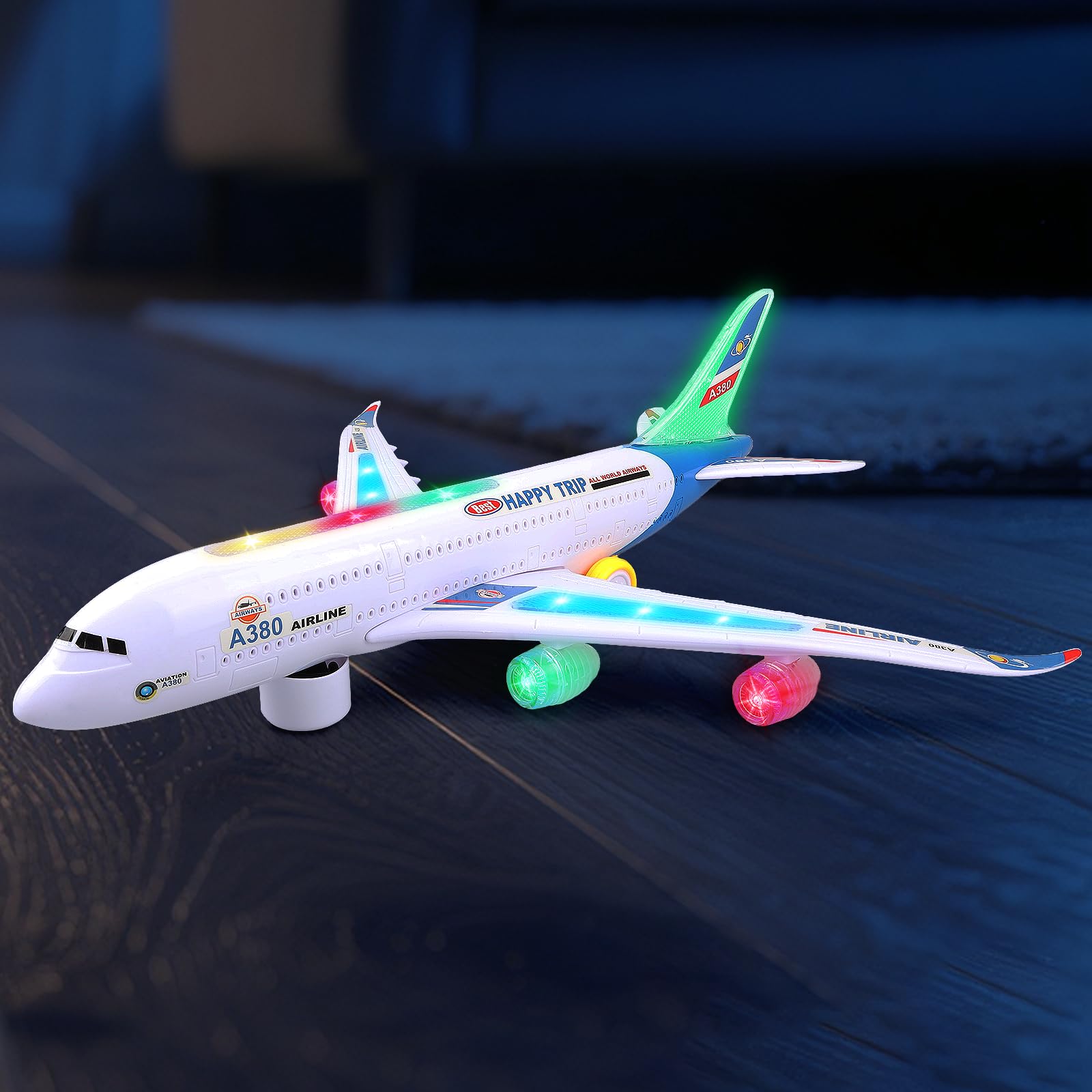 Bump and Go - Aereo giocattolo realistico con luci e suoni 4D, giocattolo per bambini dai 3 ai 12 anni, cambio automatico di direzione in caso di collisione, ottimo regalo per ragazzi e ragazze (blu)