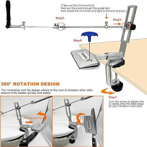 Miniatura 2 de Sistema de afilador de cuchillos con 4 piedras de afilar, diseño de rotación de 360, acero inoxidable de ángulo fijo profesional, cuchillo de