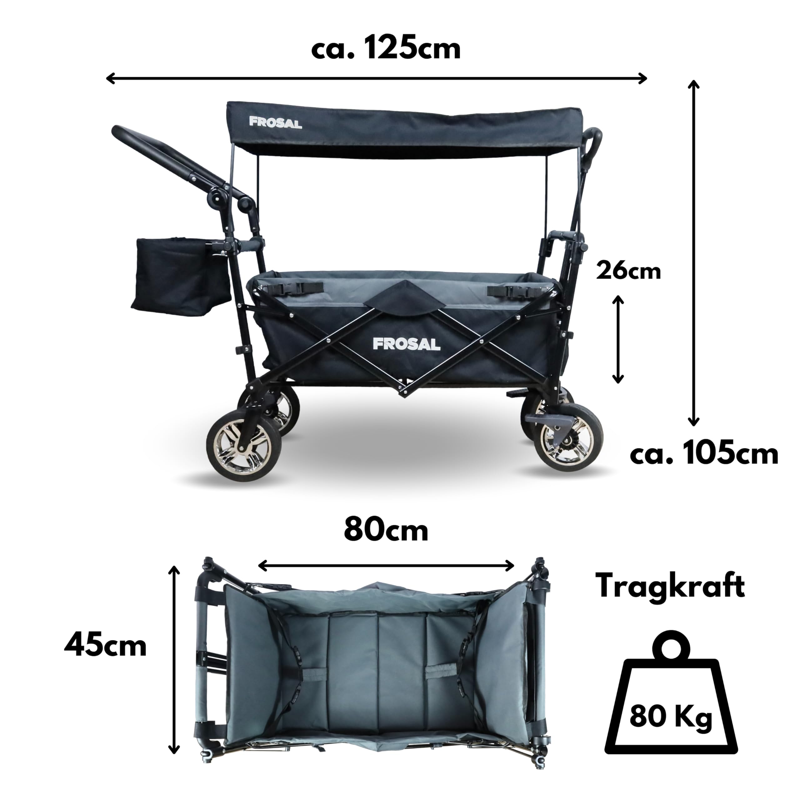 FROSAL Faltbarer Bollerwagen Loki mit Sonnendach und Schiebegriff Grau