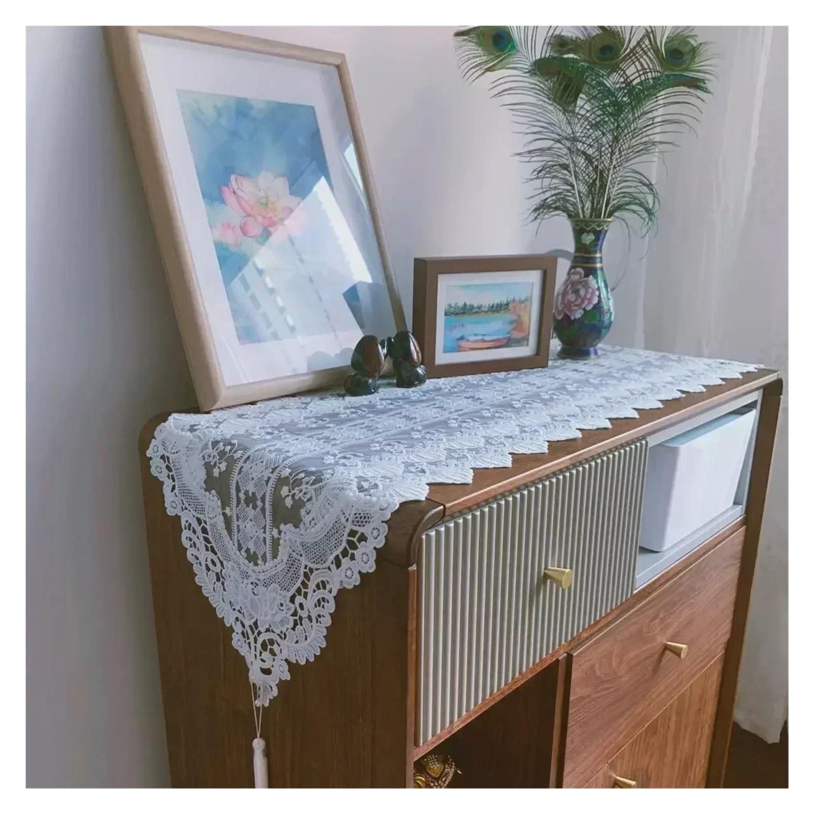 Runner da tavola in pizzo, Runner da tavolo in pizzo bianco 35x70-310 cm con nappe traforate(35x310cm 1pcs)