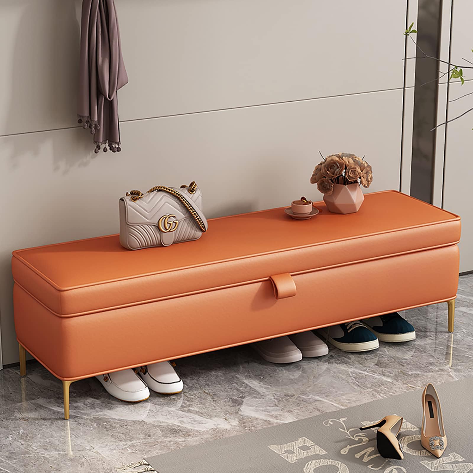 Banc de rangement orange pour chambre pour ranger vos plaids et désencombrer