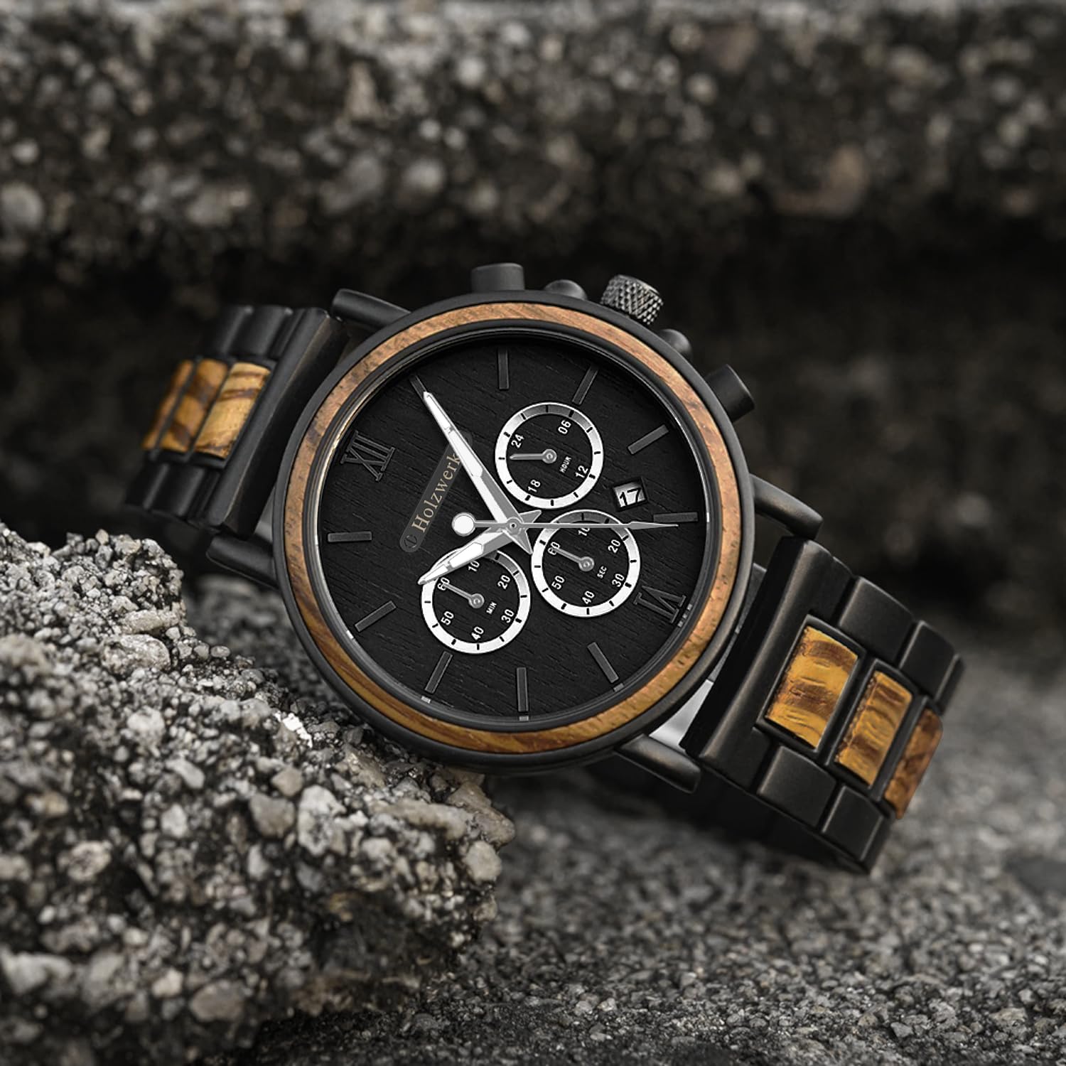 Holzwerk Germany Handgefertigte Designer Herren Uhr Öko Natur Holz Uhr Chronograph Armband Analog Holzuhr Quarz Braun Schwarz Grau Römische Ziffern Datum Holz